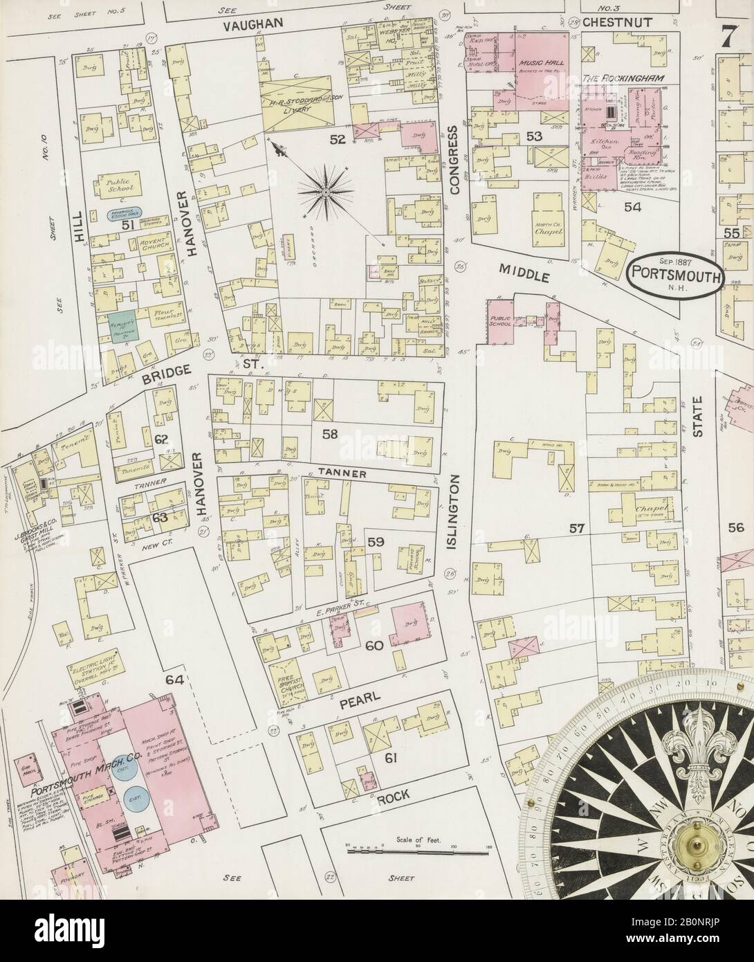 Bild 7 von Sanborn Fire Insurance Map aus Portsmouth, Rockingham County, New Hampshire. Oktober 1887. 10 Blatt(e), Amerika, Straßenkarte mit einem Kompass Aus Dem 19. Jahrhundert Stockfoto