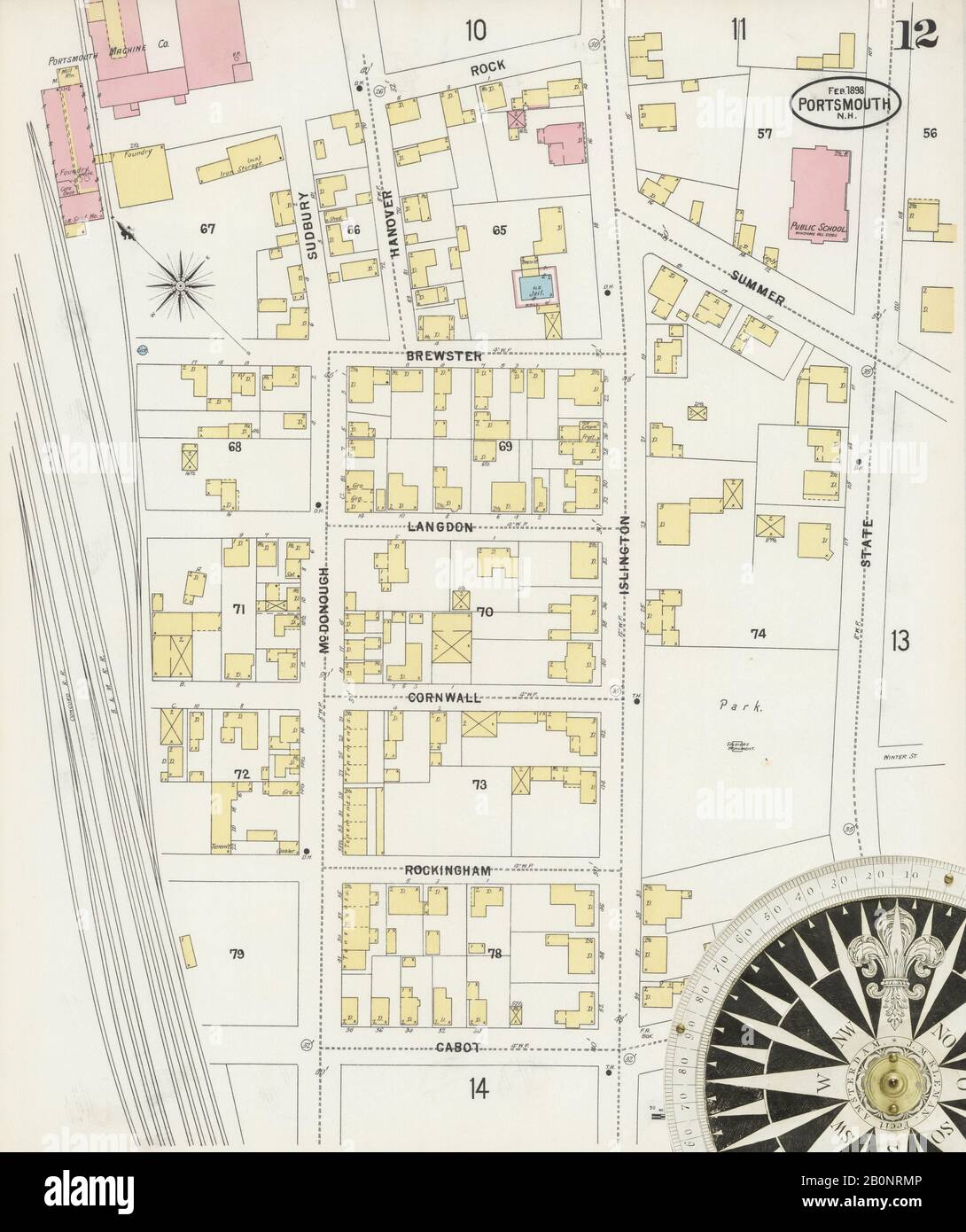 Bild 12 von Sanborn Fire Insurance Map aus Portsmouth, Rockingham County, New Hampshire. Jan 1898. 16 Blatt(e), Amerika, Straßenkarte mit einem Kompass Aus Dem 19. Jahrhundert Stockfoto