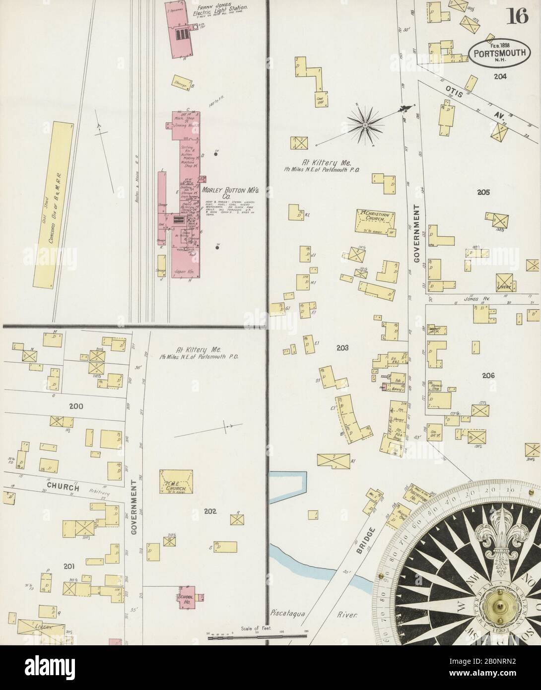 Bild 16 von Sanborn Fire Insurance Map aus Portsmouth, Rockingham County, New Hampshire. Jan 1898. 16 Blatt(e), Amerika, Straßenkarte mit einem Kompass Aus Dem 19. Jahrhundert Stockfoto