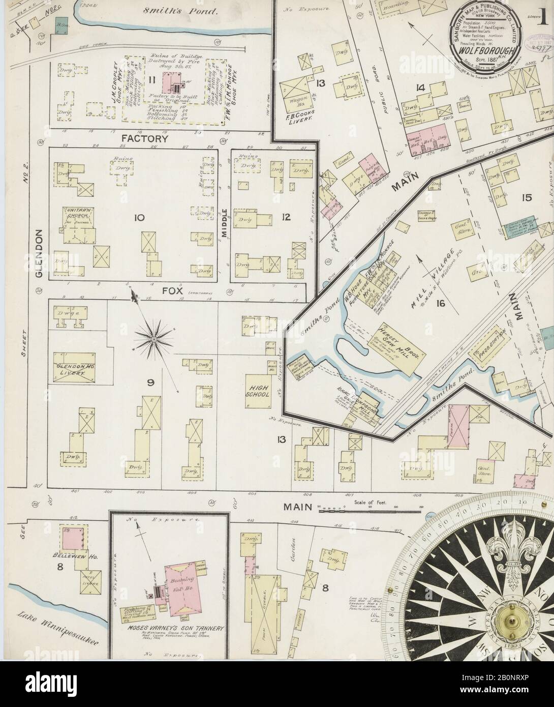 Bild 1 von Sanborn Fire Insurance Map aus Wolfeboro, Carroll County, New Hampshire. Sep. 2 Blatt(e), Amerika, Straßenkarte mit einem Kompass Aus Dem 19. Jahrhundert Stockfoto