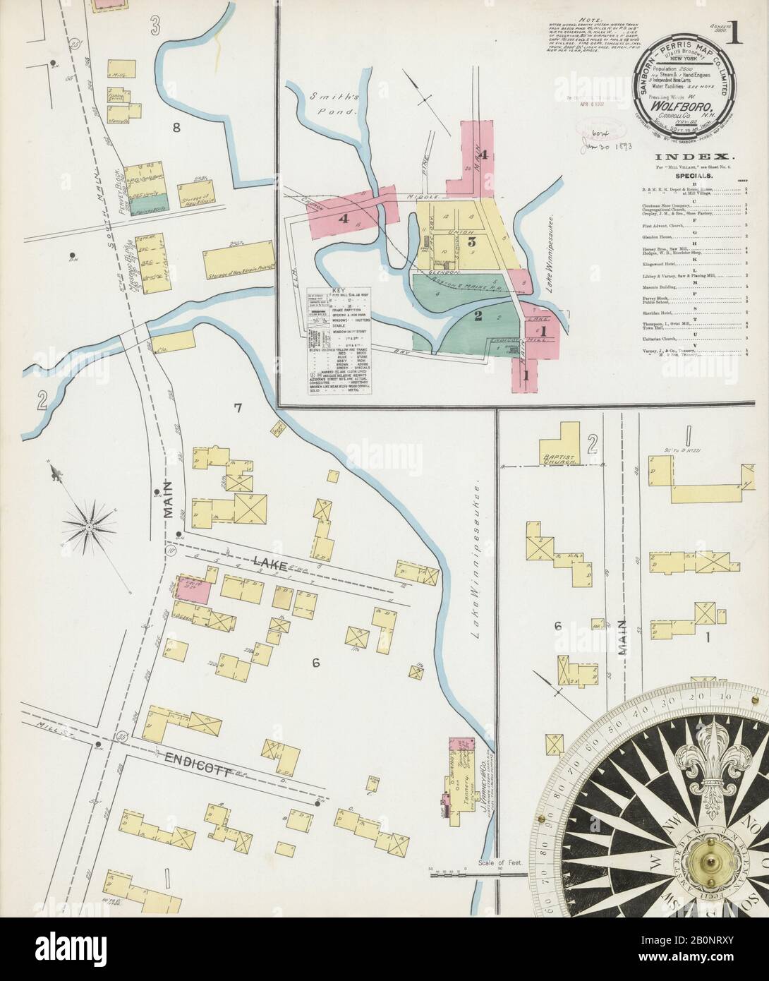 Bild 1 von Sanborn Fire Insurance Map aus Wolfeboro, Carroll County, New Hampshire. Nov. 1892. 4 Blatt(e), Amerika, Straßenkarte mit einem Kompass Aus Dem 19. Jahrhundert Stockfoto