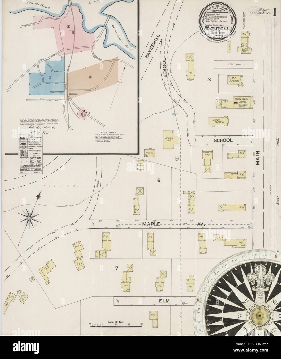 Bild 1 von Sanborn Fire Insurance Map aus Woodsville, Grafton County, New Hampshire. Juni 1889. 3 Blatt(e), Amerika, Straßenkarte mit einem Kompass Aus Dem 19. Jahrhundert Stockfoto