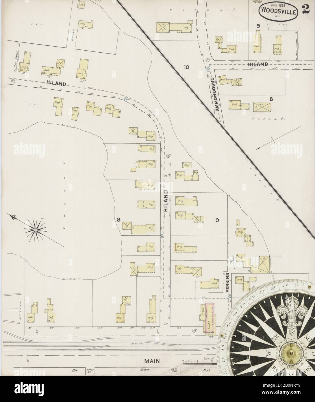 Bild 2 von Sanborn Fire Insurance Map aus Woodsville, Grafton County, New Hampshire. Juni 1889. 3 Blatt(e), Amerika, Straßenkarte mit einem Kompass Aus Dem 19. Jahrhundert Stockfoto