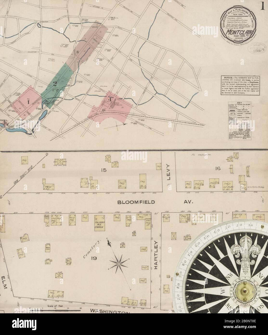 Bild 1 von Sanborn Fire Insurance Map aus Montclair, Essex County, New Jersey. März 1885. 4 Blatt(e), Amerika, Straßenkarte mit einem Kompass Aus Dem 19. Jahrhundert Stockfoto