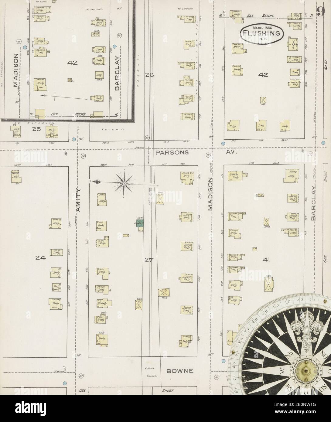 Bild 9 von Sanborn Fire Insurance Map aus Flushing, Queens County, New York. März 1886. 10 Blatt(e), Amerika, Straßenkarte mit einem Kompass Aus Dem 19. Jahrhundert Stockfoto
