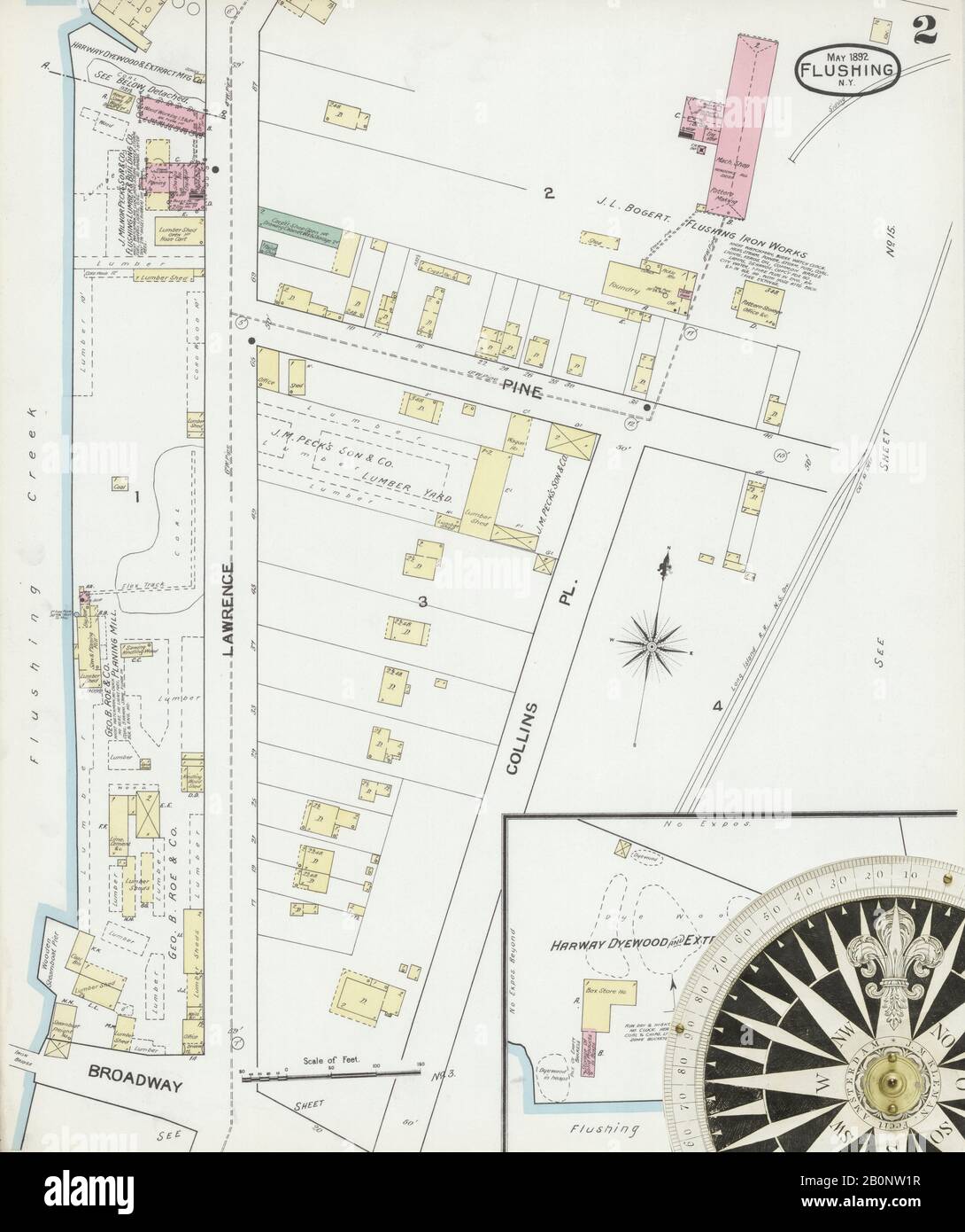 Bild 2 von Sanborn Fire Insurance Map aus Flushing, Queens County, New York. Mai 1892. 15 Blatt(e), Amerika, Straßenkarte mit einem Kompass Aus Dem 19. Jahrhundert Stockfoto
