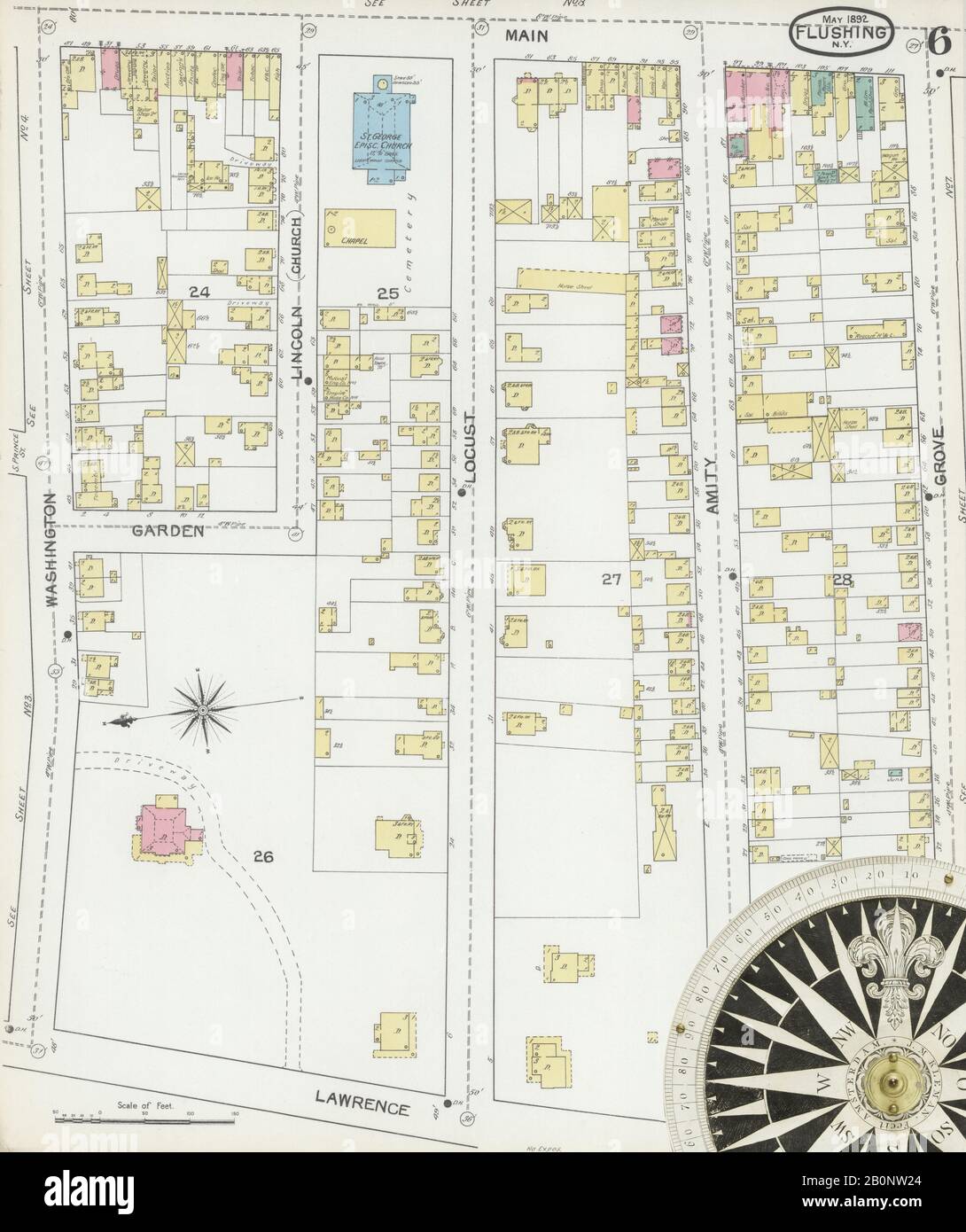 Bild 6 von Sanborn Fire Insurance Map aus Flushing, Queens County, New York. Mai 1892. 15 Blatt(e), Amerika, Straßenkarte mit einem Kompass Aus Dem 19. Jahrhundert Stockfoto