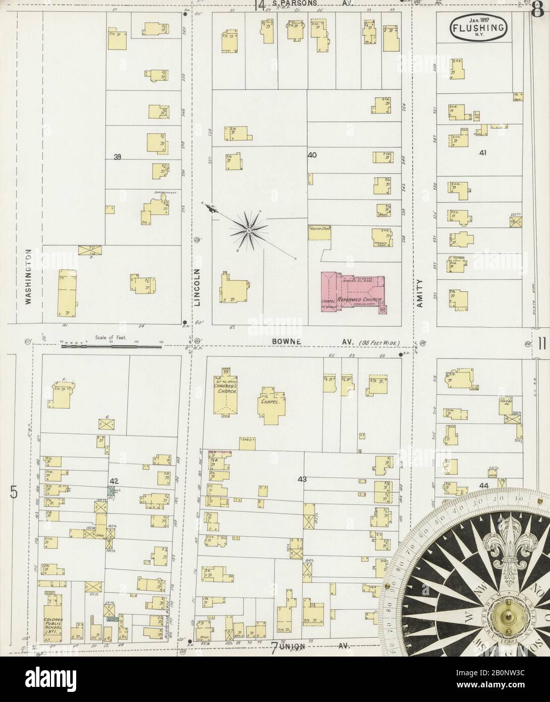 Bild 8 von Sanborn Fire Insurance Map aus Flushing, Queens County, New York. Januar 1897. 16 Blatt(e), Amerika, Straßenkarte mit einem Kompass Aus Dem 19. Jahrhundert Stockfoto