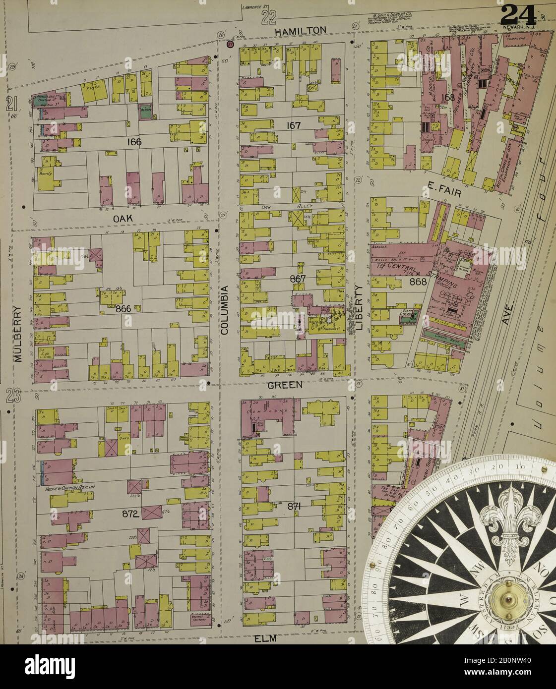 Bild 30 von Sanborn Fire Insurance Map aus Newark, Essex County, New Jersey. 1892 Vol. 1. 87 Blatt(e). Konturkarte mit den verteilten Staubecken der Stadtwasserwerke und den jeweils von ihnen gelieferten Stadtteilen. 4 Skelettkarten. Bound, Amerika, Straßenkarte mit einem Kompass Aus Dem 19. Jahrhundert Stockfoto