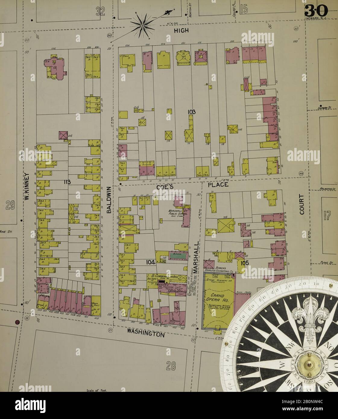 Bild 36 von Sanborn Fire Insurance Map aus Newark, Essex County, New Jersey. 1892 Vol. 1. 87 Blatt(e). Konturkarte mit den verteilten Staubecken der Stadtwasserwerke und den jeweils von ihnen gelieferten Stadtteilen. 4 Skelettkarten. Bound, Amerika, Straßenkarte mit einem Kompass Aus Dem 19. Jahrhundert Stockfoto