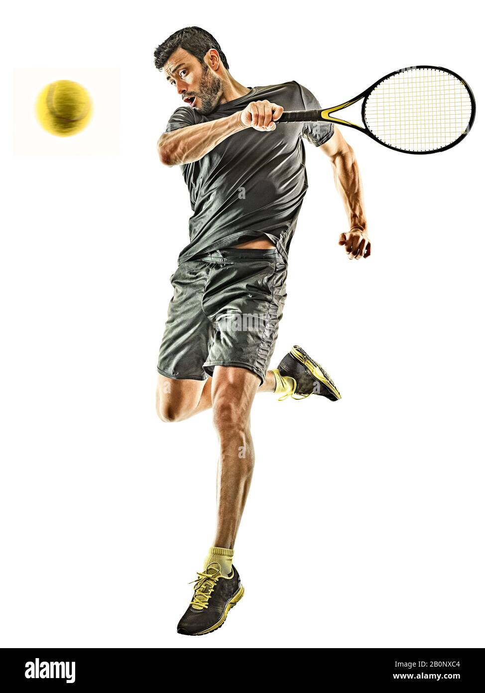 Ein kaukasischer, reifer Tennisprofi im Studio isoliert auf weißem Hintergrund Stockfoto