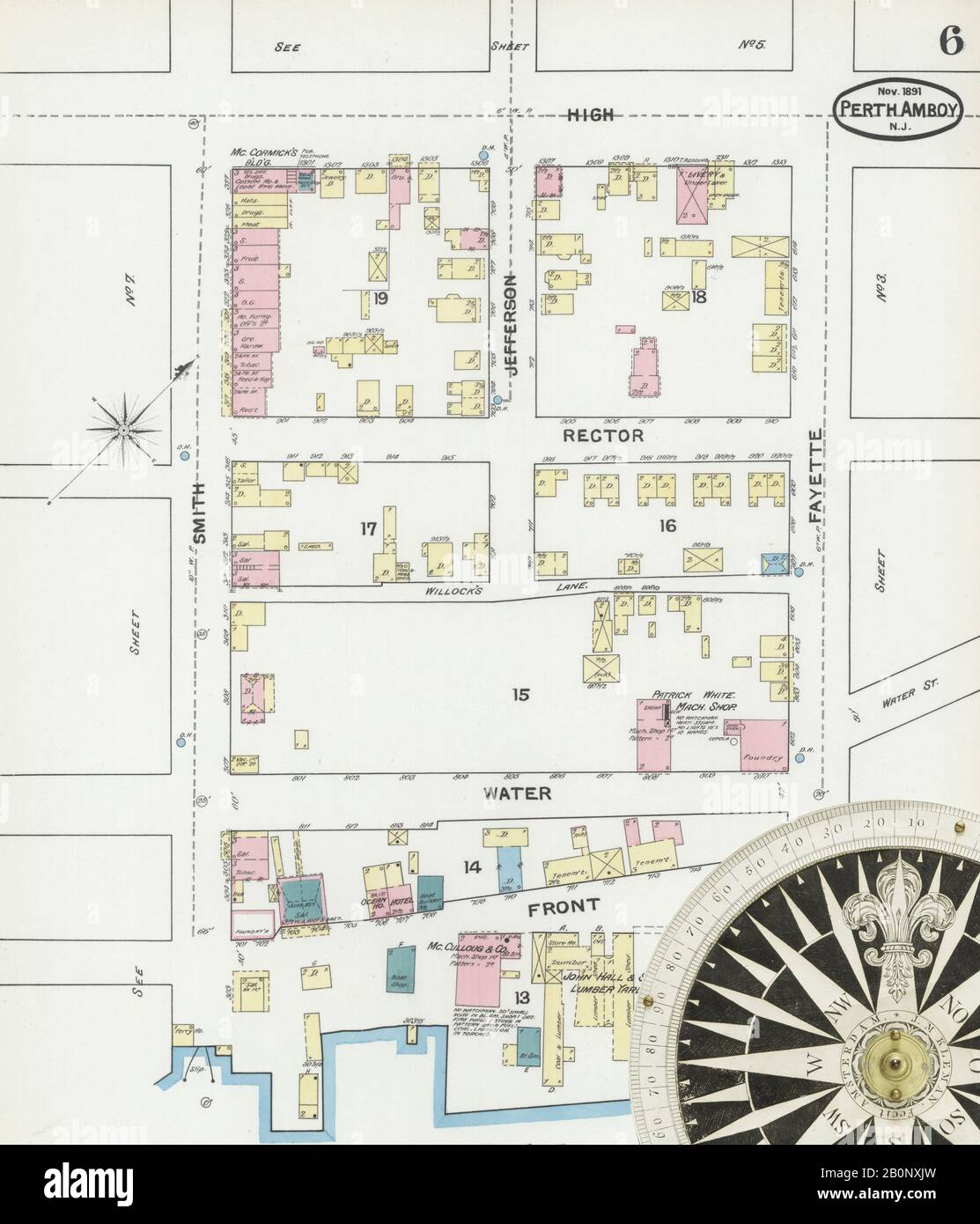 Bild 6 von Sanborn Fire Insurance Map aus Perth Amboy, Middlesex County, New Jersey. Nov. 12 Blatt(e), Amerika, Straßenkarte mit einem Kompass Aus Dem 19. Jahrhundert Stockfoto