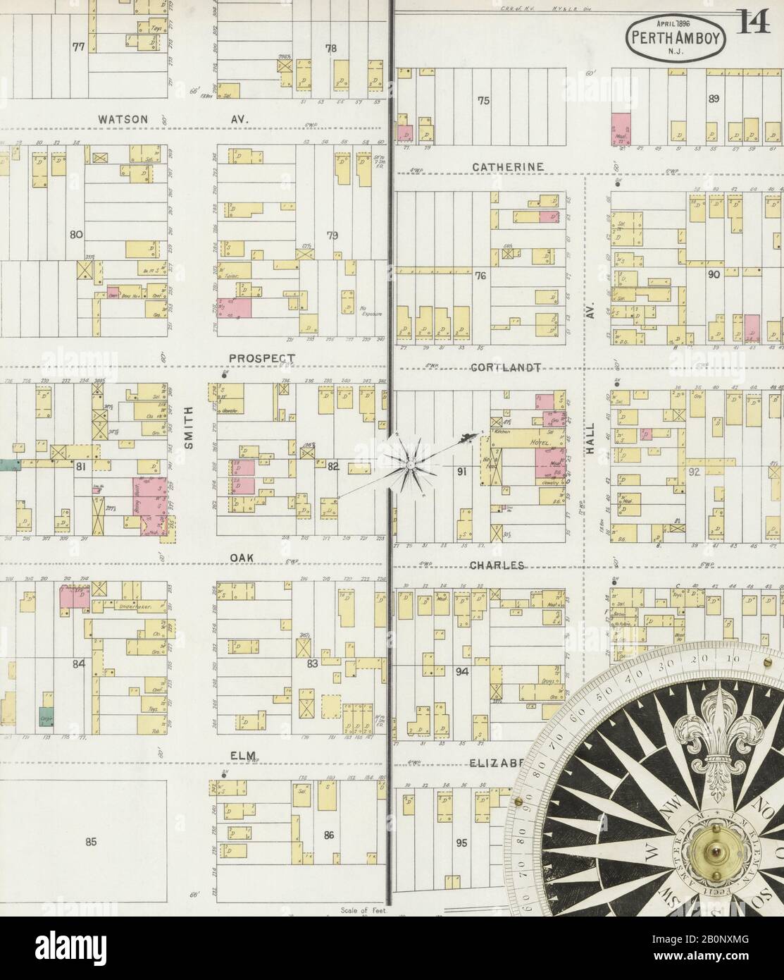 Bild 14 von Sanborn Fire Insurance Map aus Perth Amboy, Middlesex County, New Jersey. Apr. 14 Blatt(e), Amerika, Straßenkarte mit einem Kompass Aus Dem 19. Jahrhundert Stockfoto