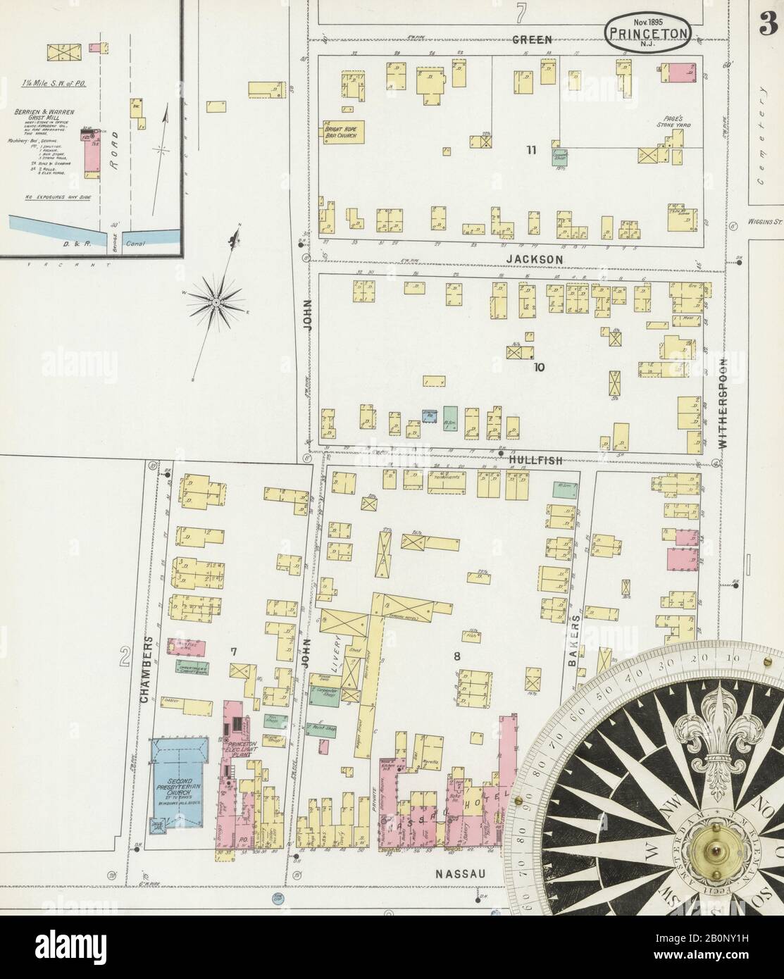 Bild 3 von Sanborn Fire Insurance Map aus Princeton, Mercer County, New Jersey. November 1895. 9 Blatt(e), Amerika, Straßenkarte mit einem Kompass Aus Dem 19. Jahrhundert Stockfoto