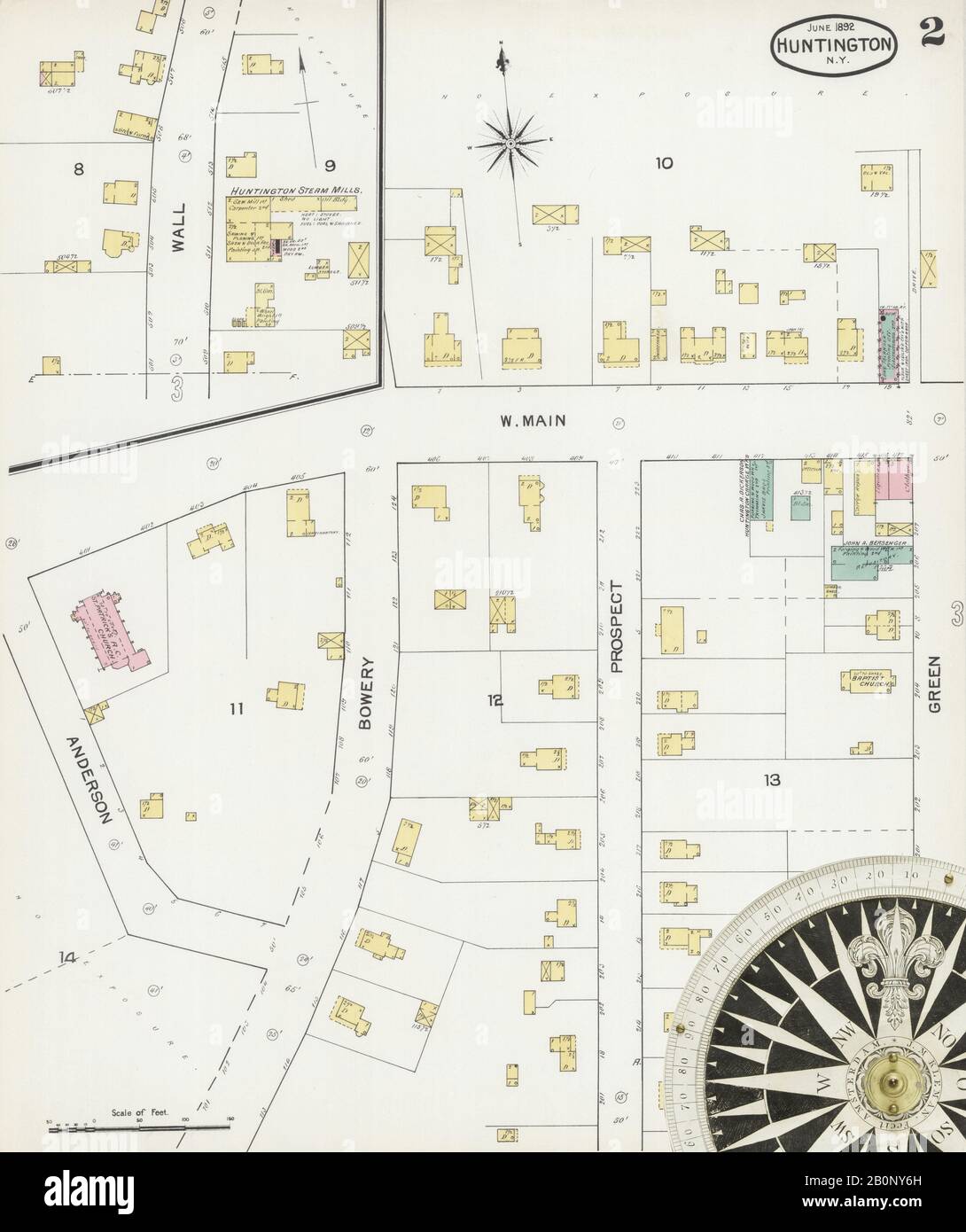 Bild 2 von Sanborn Fire Insurance Map aus Huntington, Suffolk County, New York. Juni 1892. 3 Blatt(e), Amerika, Straßenkarte mit einem Kompass Aus Dem 19. Jahrhundert Stockfoto