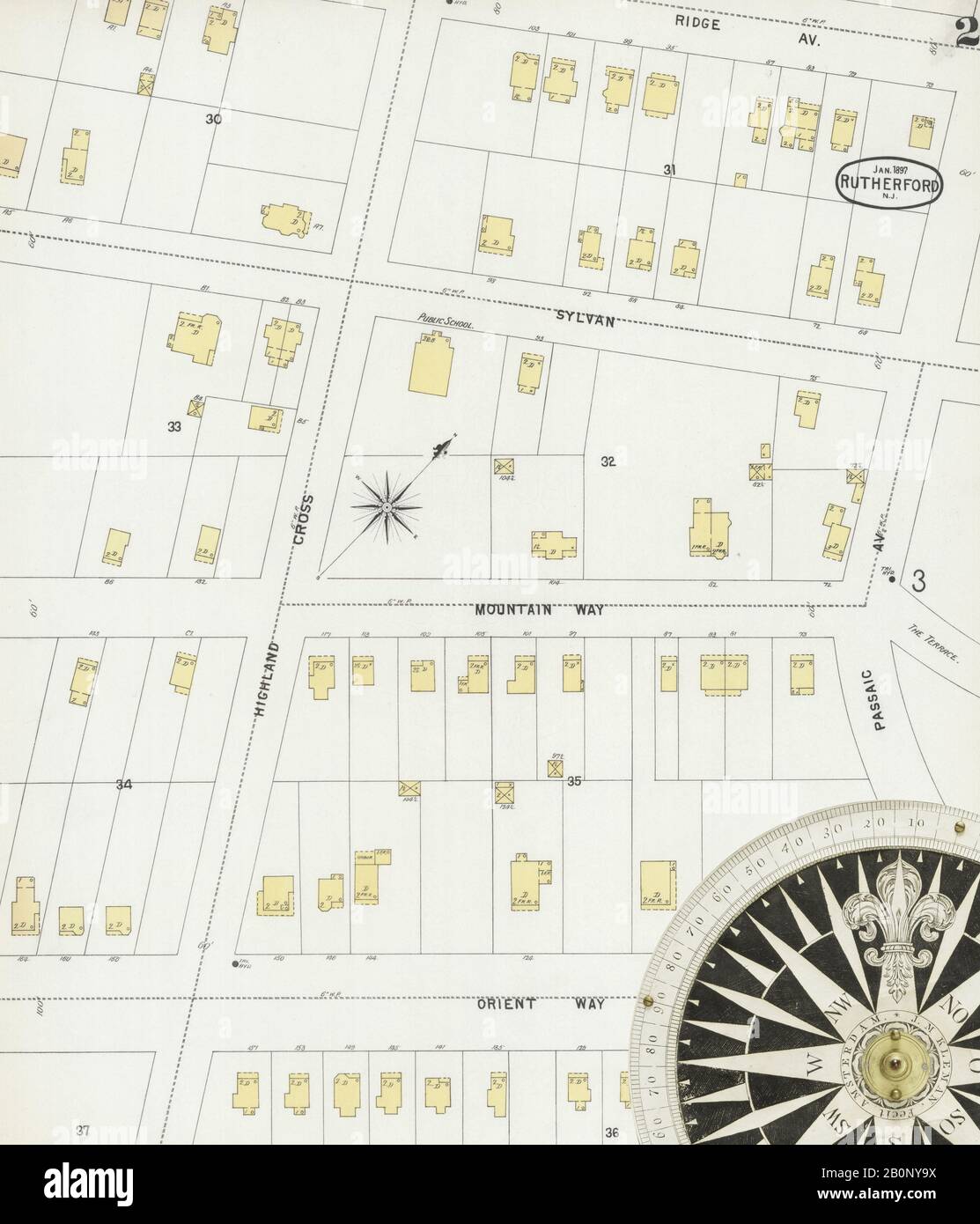 Bild 2 von Sanborn Fire Insurance Map aus Rutherford, Bergen County, New Jersey. Januar 1897. 8 Blatt(e). Umfasst East Rutherford, Amerika, Straßenkarte mit einem Kompass Aus Dem 19. Jahrhundert Stockfoto