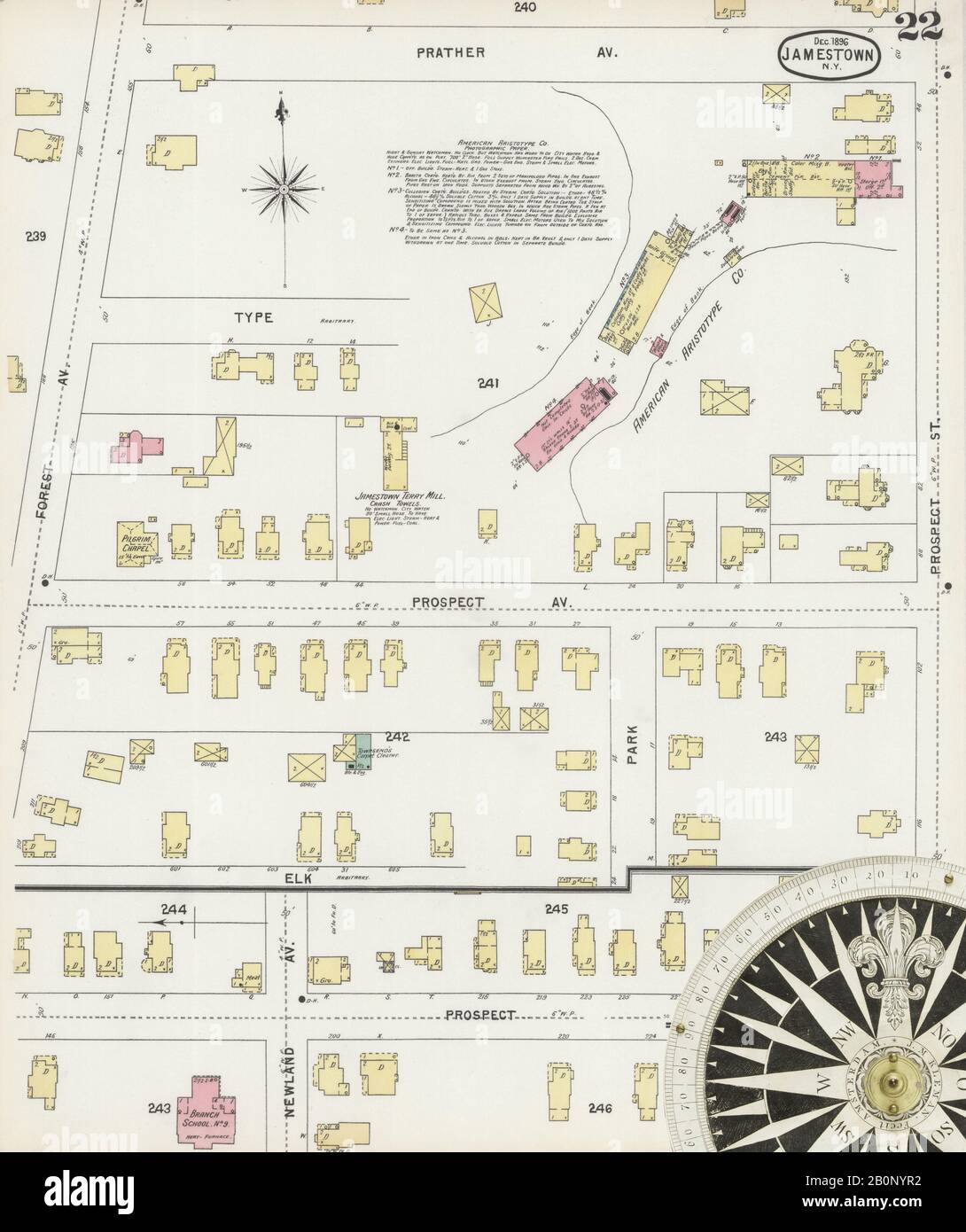 Bild 22 von Sanborn Fire Insurance Map aus Jamestown, Chautauqua County, New York. Dezember 1896. 36 Blatt(e). Umfasst Ashville, Boomertown, Celeron, Dexterville (East Jamestown), Frewsburg, Busti, Falconer, Lakewood. Erworben nach 1981, Amerika, Straßenkarte mit einem Kompass Aus Dem 19. Jahrhundert Stockfoto