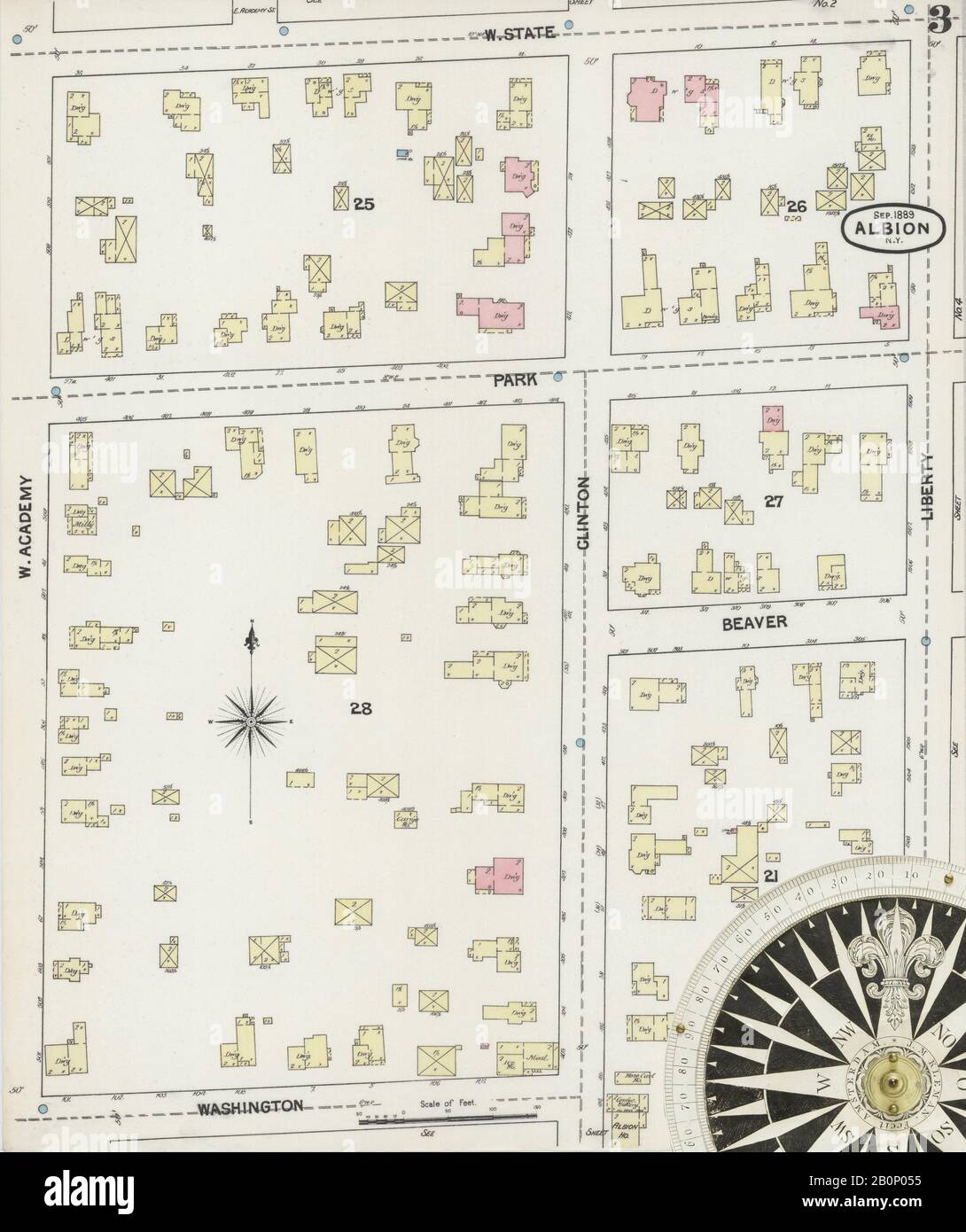 Bild 3 von Sanborn Fire Insurance Map aus Albion, Orleans County, New York. Sep. 8 Blatt(e), Amerika, Straßenkarte mit einem Kompass Aus Dem 19. Jahrhundert Stockfoto
