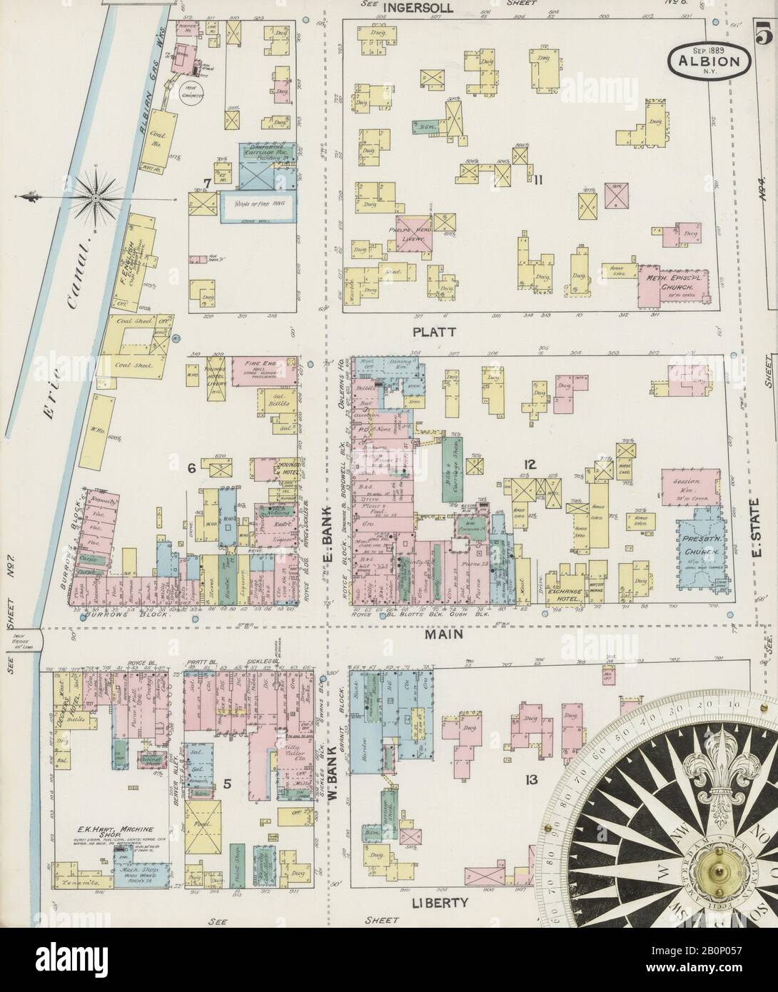 Bild 5 von Sanborn Fire Insurance Map aus Albion, Orleans County, New York. Sep. 8 Blatt(e), Amerika, Straßenkarte mit einem Kompass Aus Dem 19. Jahrhundert Stockfoto
