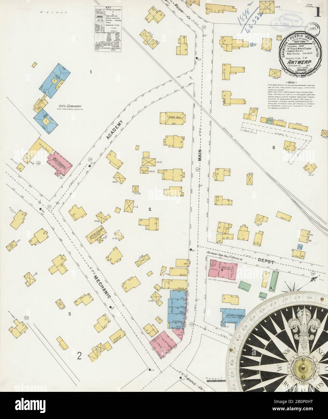 Bild 1 von Sanborn Fire Insurance Map aus Antwerpen, Jefferson County, New York. Okt 1898. 2 Blatt(e), Amerika, Straßenkarte mit einem Kompass Aus Dem 19. Jahrhundert Stockfoto