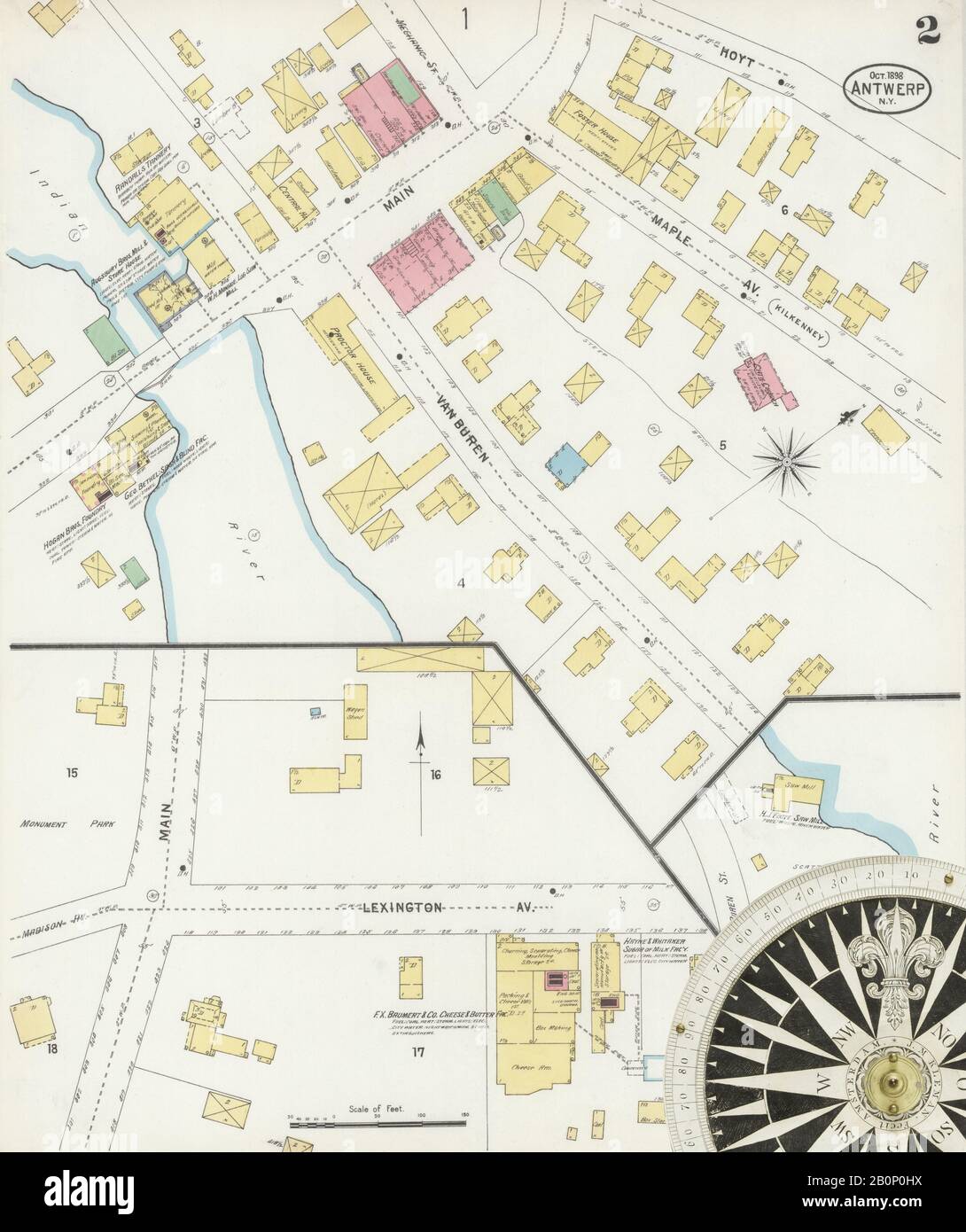 Bild 2 von Sanborn Fire Insurance Map aus Antwerpen, Jefferson County, New York. Okt 1898. 2 Blatt(e), Amerika, Straßenkarte mit einem Kompass Aus Dem 19. Jahrhundert Stockfoto