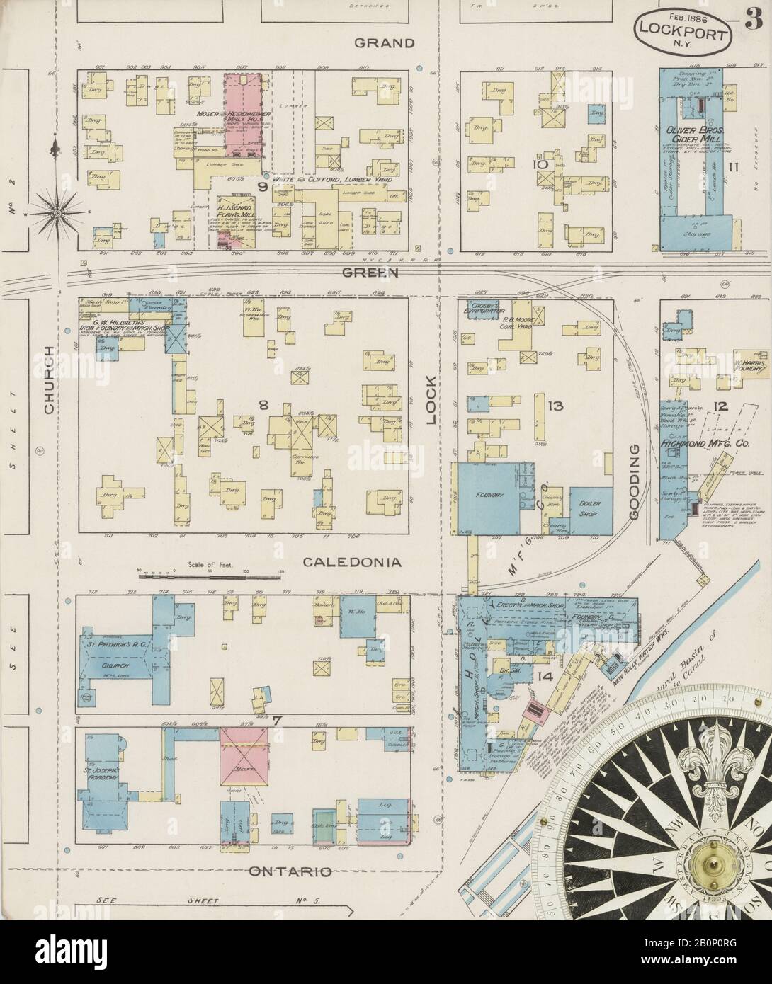 Bild 3 von Sanborn Fire Insurance Map aus Lockport, Niagara County, New York. Feb. 17 Blatt(e), Amerika, Straßenkarte mit einem Kompass Aus Dem 19. Jahrhundert Stockfoto