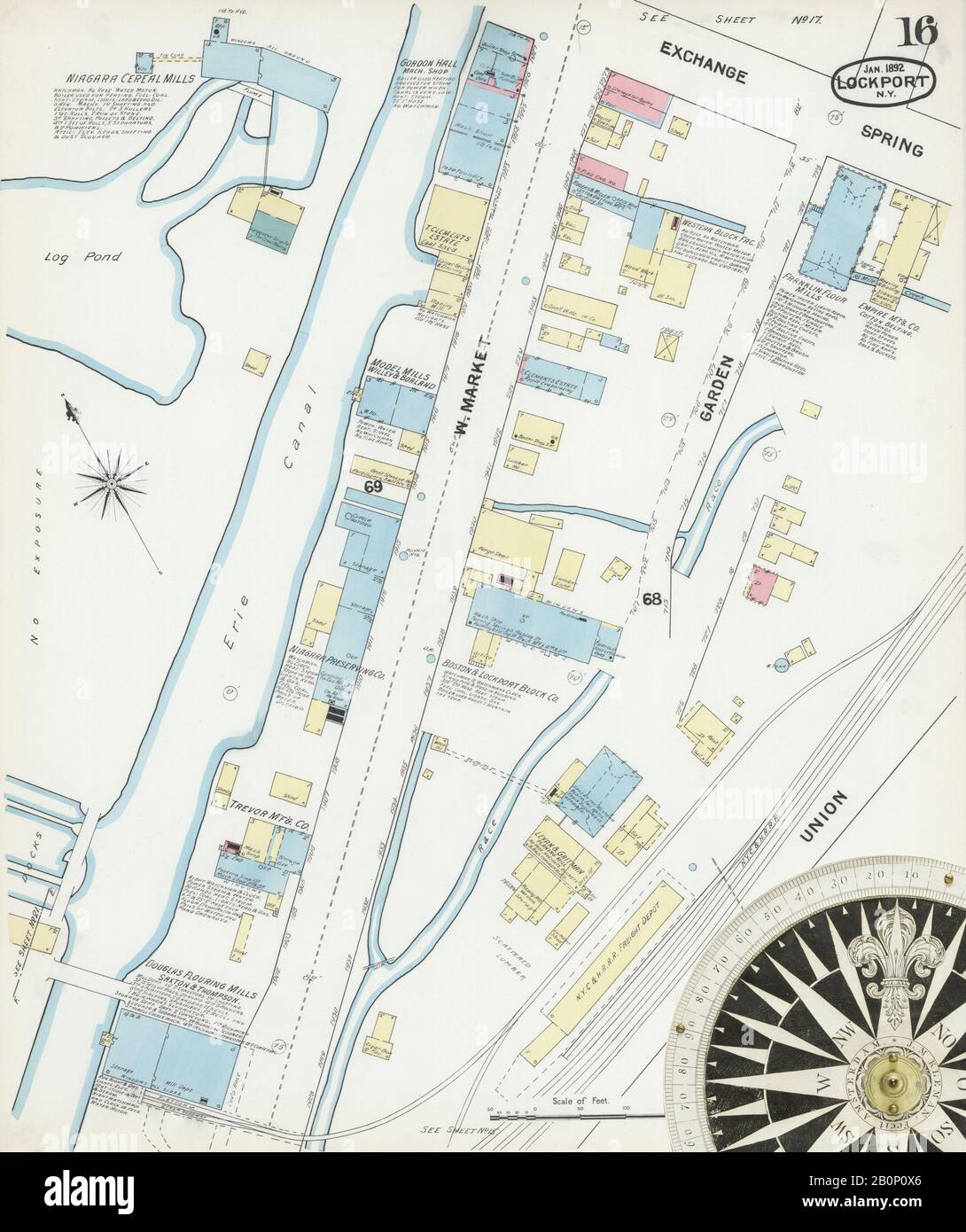 Bild 16 von Sanborn Fire Insurance Map aus Lockport, Niagara County, New York. Januar 1892. 21 Blatt(e), Amerika, Straßenkarte mit einem Kompass Aus Dem 19. Jahrhundert Stockfoto