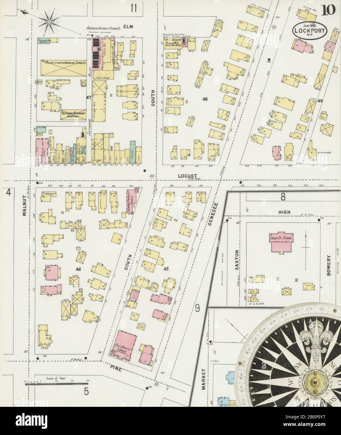 Bild 10 von Sanborn Fire Insurance Map aus Lockport, Niagara County, New York. Jan 1898. 23 Blatt(e), Amerika, Straßenkarte mit einem Kompass Aus Dem 19. Jahrhundert Stockfoto