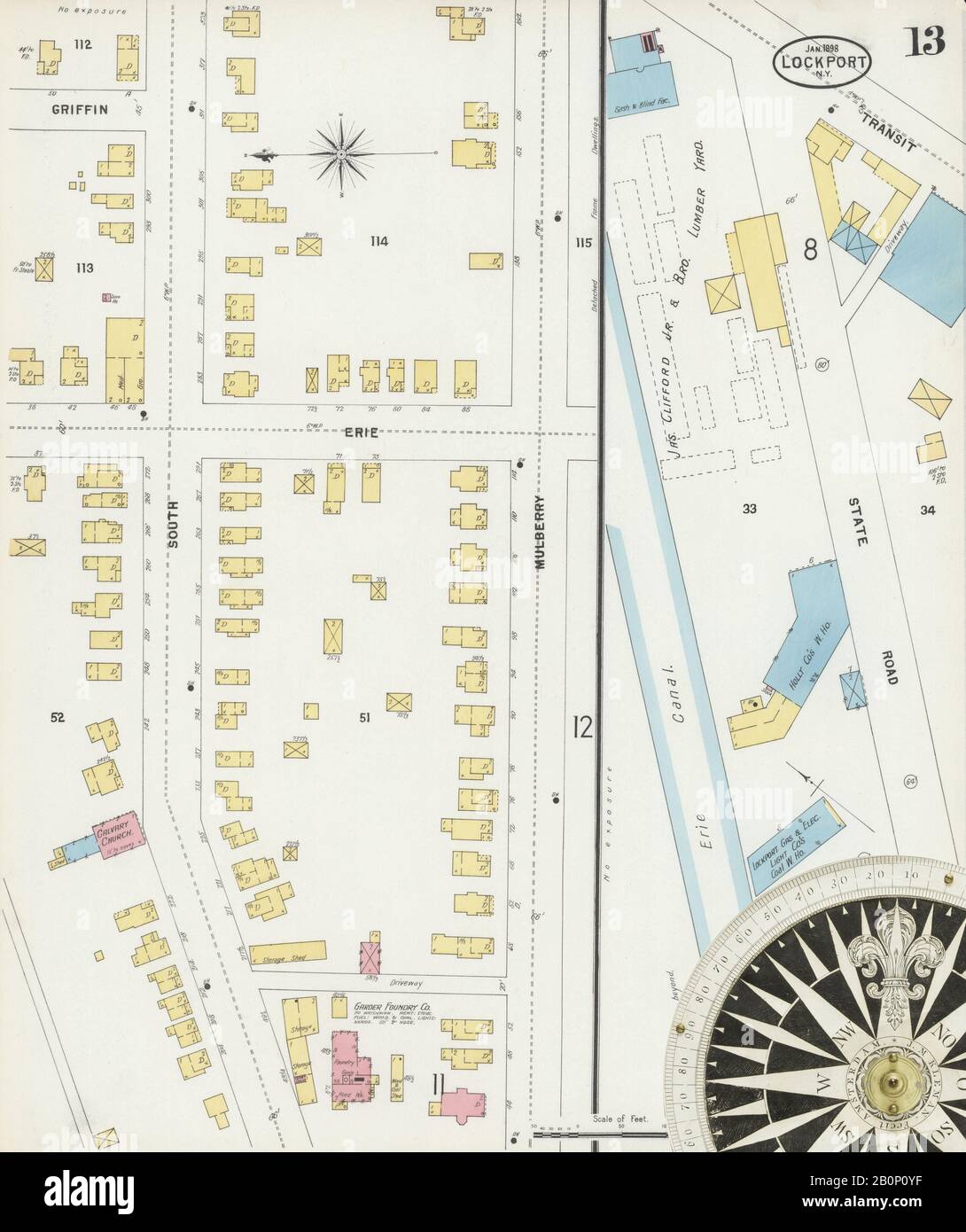 Bild 13 von Sanborn Fire Insurance Map aus Lockport, Niagara County, New York. Jan 1898. 23 Blatt(e), Amerika, Straßenkarte mit einem Kompass Aus Dem 19. Jahrhundert Stockfoto