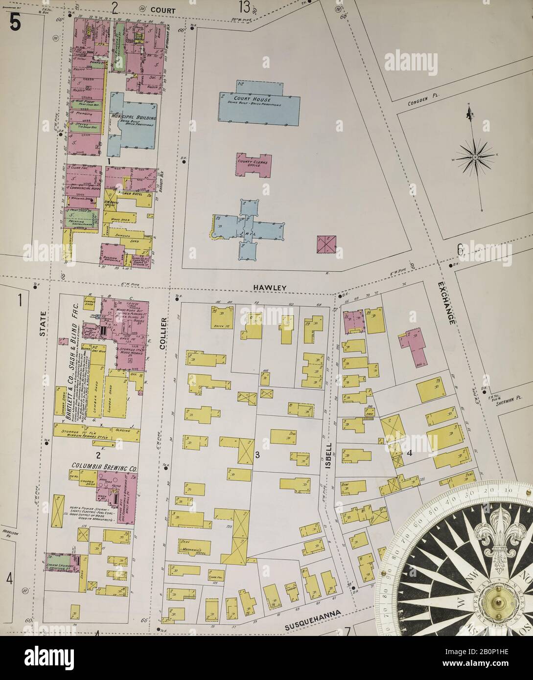 Bild 8 von Sanborn Fire Insurance Map aus Binghamton, Broome County, New York. 1898. 75 Blatt(e). 4 Skelettkarten. Bound, Amerika, Straßenkarte mit einem Kompass Aus Dem 19. Jahrhundert Stockfoto