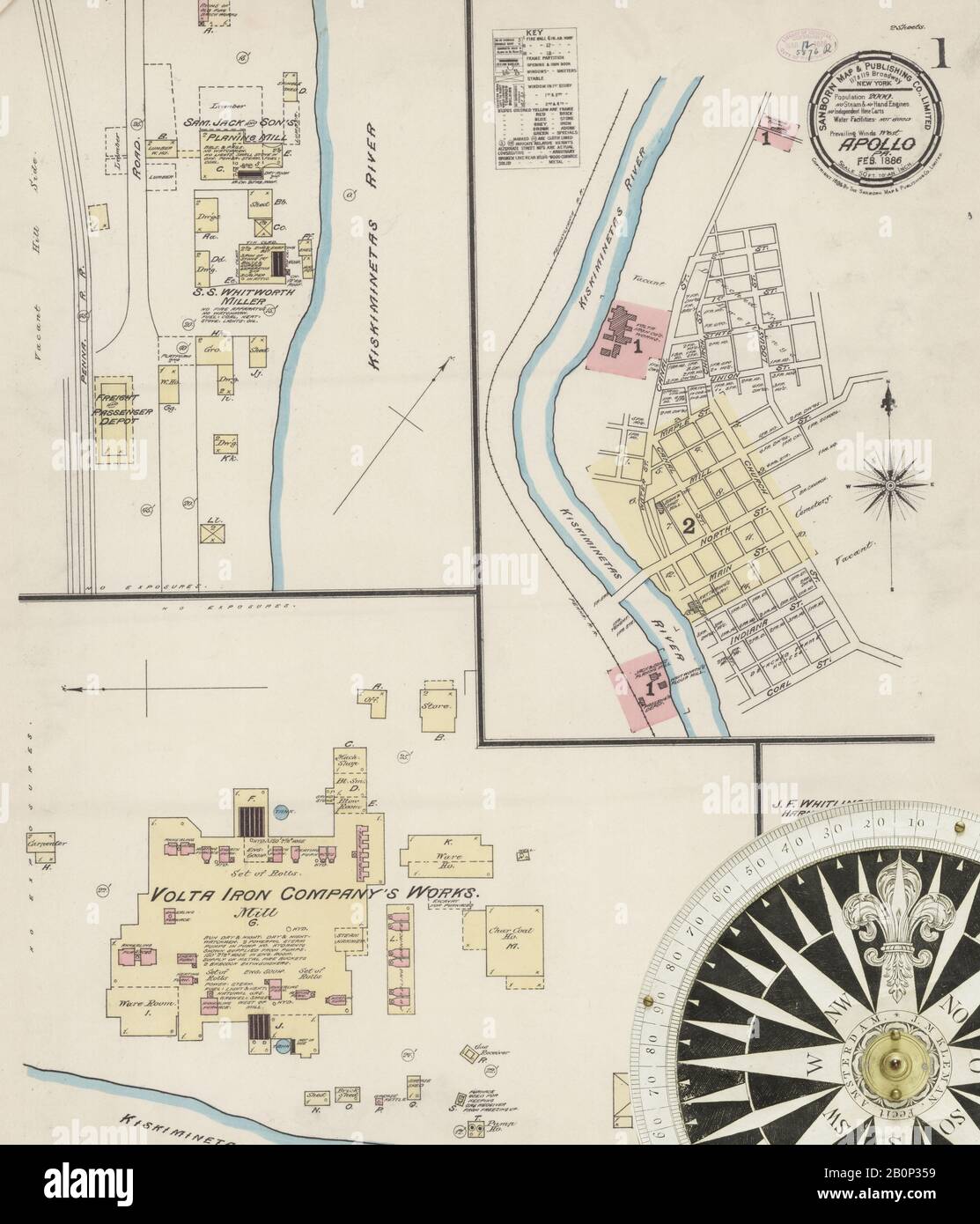 Bild 1 von Sanborn Fire Insurance Map aus Apollo, Armstrong County, Pennsylvania. Feb. 2 Blatt(e), Amerika, Straßenkarte mit einem Kompass Aus Dem 19. Jahrhundert Stockfoto