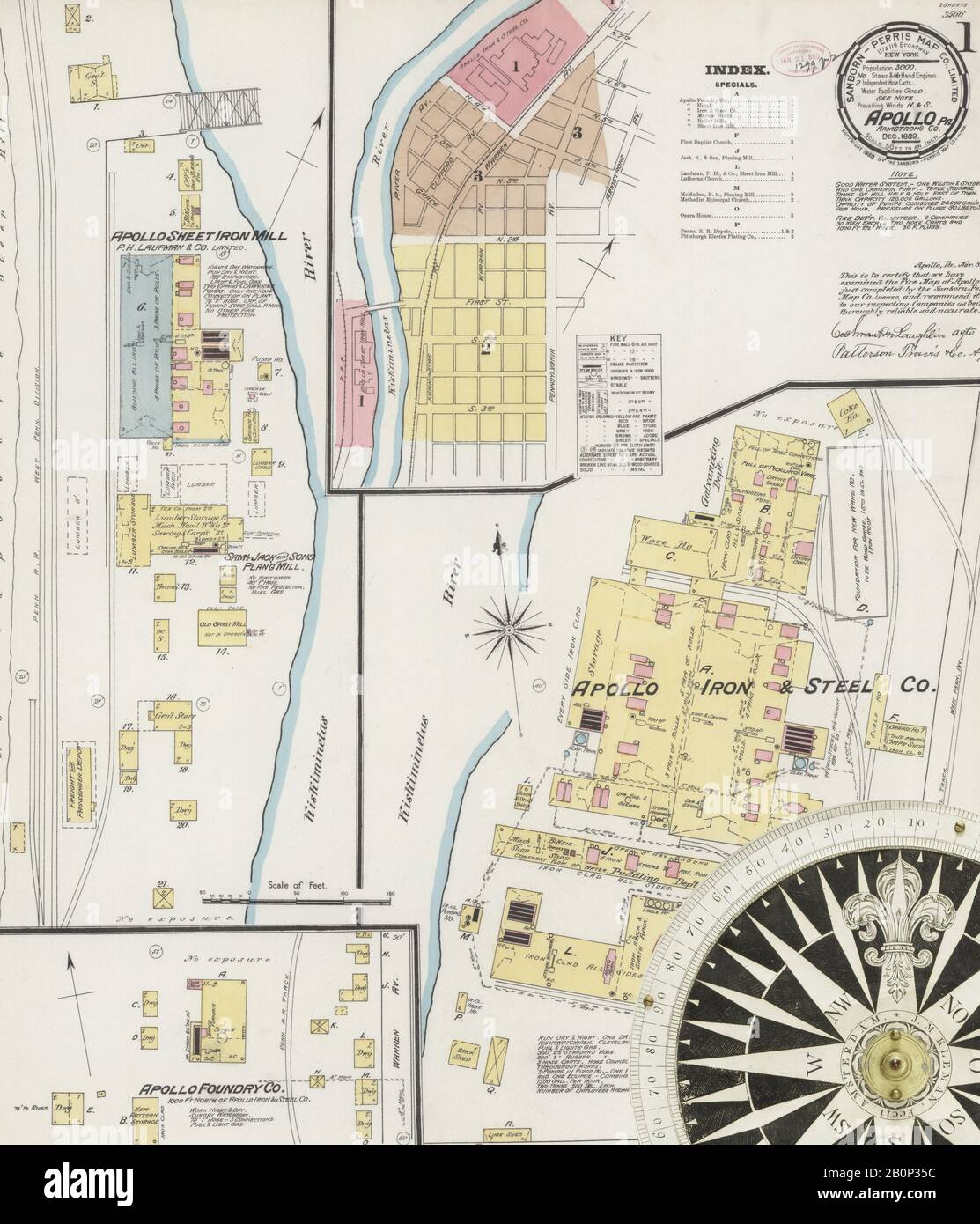 Bild 1 von Sanborn Fire Insurance Map aus Apollo, Armstrong County, Pennsylvania. Dez. 3 Blatt(e), Amerika, Straßenkarte mit einem Kompass Aus Dem 19. Jahrhundert Stockfoto