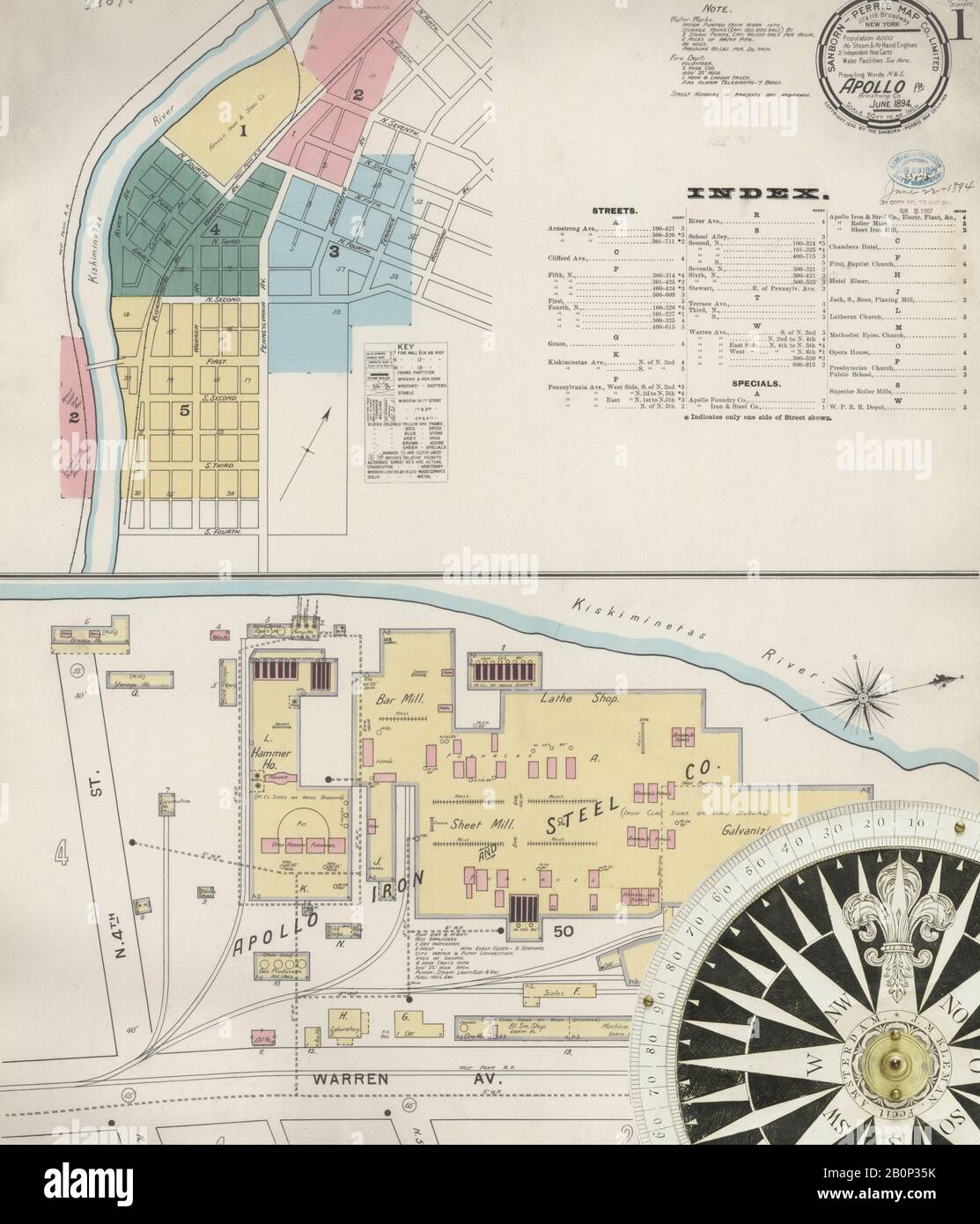 Bild 1 von Sanborn Fire Insurance Map aus Apollo, Armstrong County, Pennsylvania. Juni 1894. 5 Blatt(e), Amerika, Straßenkarte mit einem Kompass Aus Dem 19. Jahrhundert Stockfoto