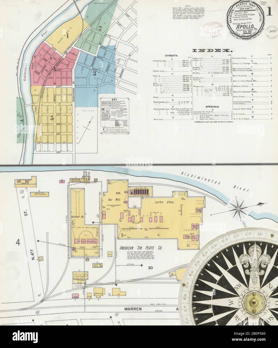 Bild 1 von Sanborn Fire Insurance Map aus Apollo, Armstrong County, Pennsylvania. August 1899. 5 Blatt(e), Amerika, Straßenkarte mit einem Kompass Aus Dem 19. Jahrhundert Stockfoto