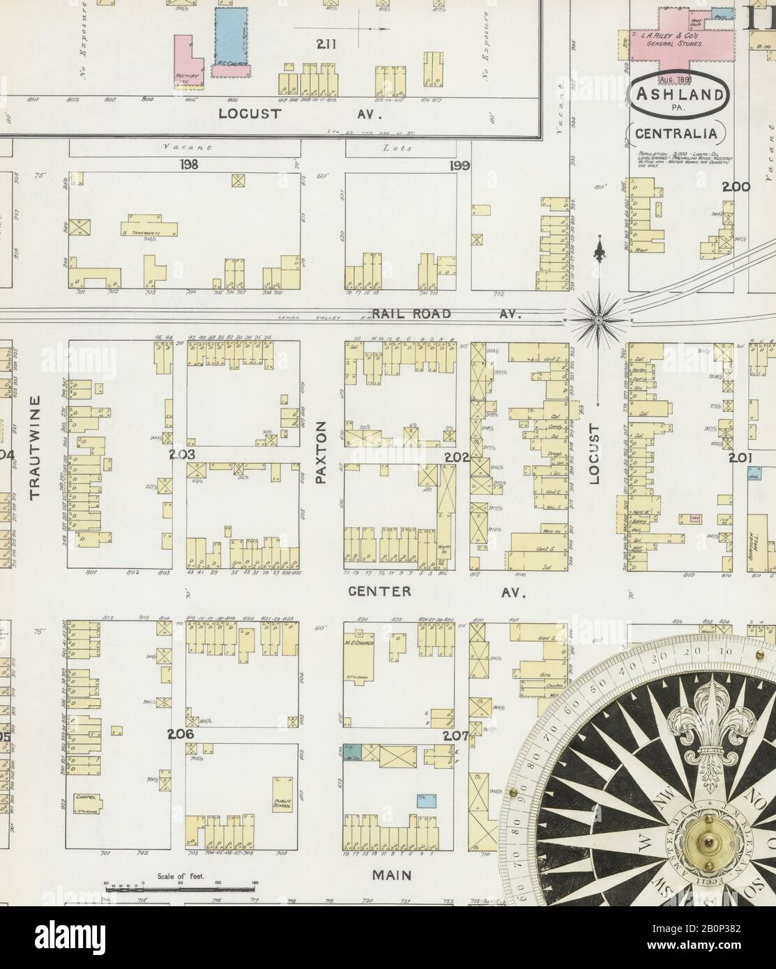 Bild 11 von Sanborn Fire Insurance Map aus Ashland, Schuylkill County, Pennsylvania. August 1891. 11 Blatt(e). Umfasst Locust Dale, Girardville, Gordon, Centralia, Amerika, Straßenkarte mit einem Kompass Aus Dem 19. Jahrhundert Stockfoto