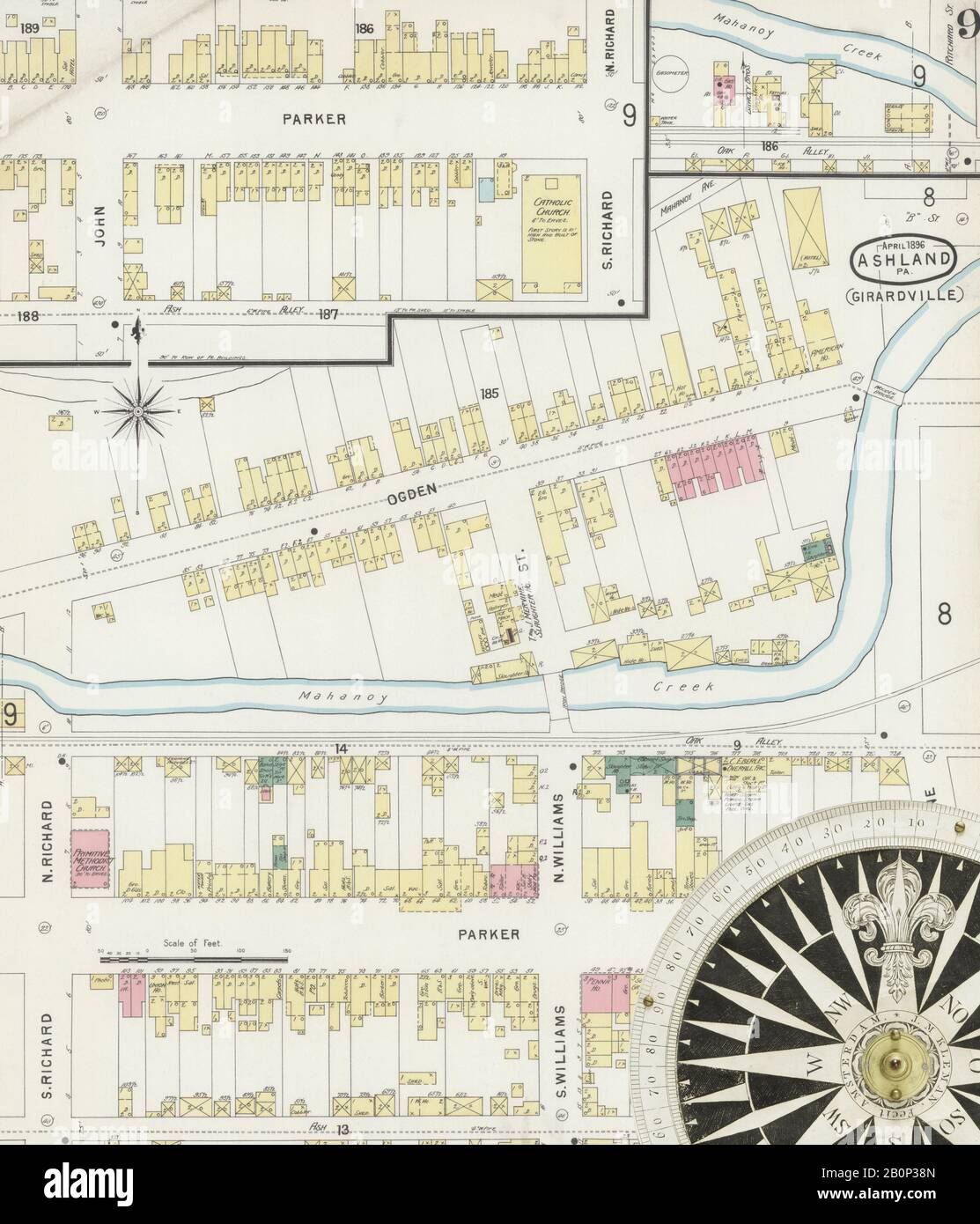 Bild 9 von Sanborn Fire Insurance Map aus Ashland, Schuylkill County, Pennsylvania. Apr. 12 Blatt(e). Umfasst Locust Dale, Girardville, Gordon, Centralia, Amerika, Straßenkarte mit einem Kompass Aus Dem 19. Jahrhundert Stockfoto