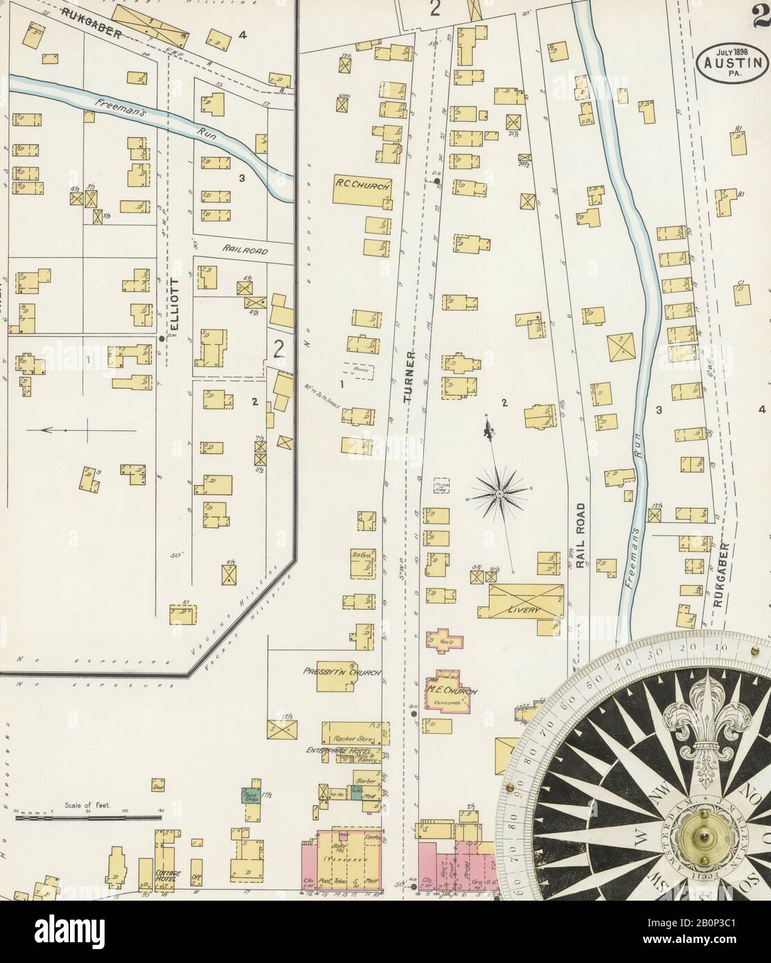 Bild 2 von Sanborn Fire Insurance Map aus Austin, Potter County, Pennsylvania. Juli 1898. 4 Blatt(e), Amerika, Straßenkarte mit einem Kompass Aus Dem 19. Jahrhundert Stockfoto