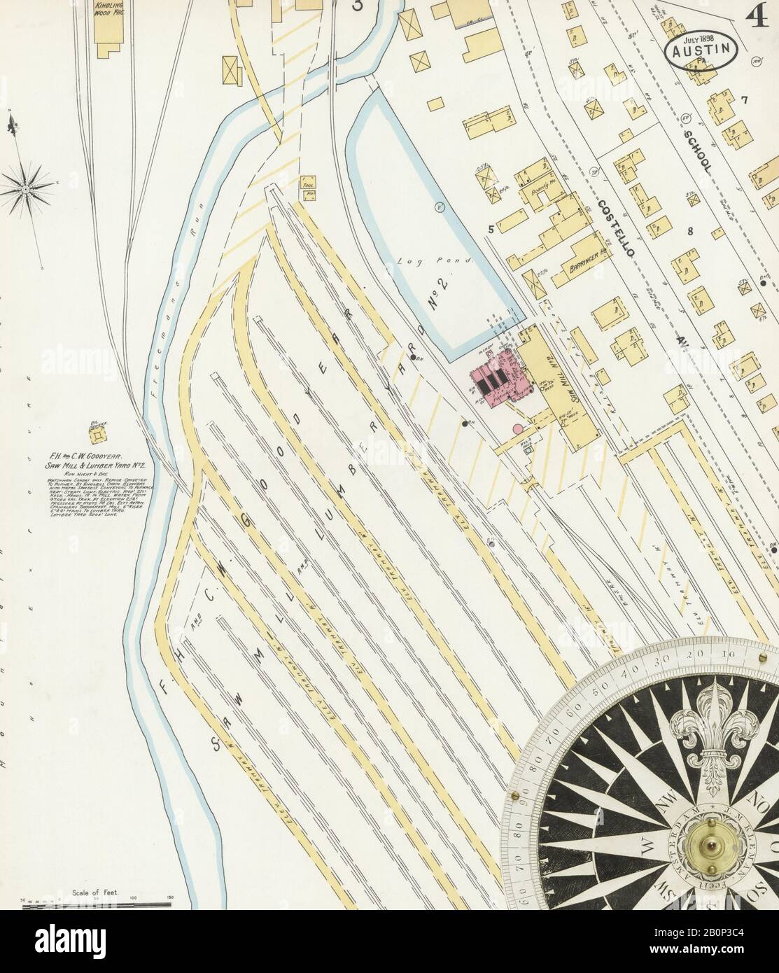 Bild 4 von Sanborn Fire Insurance Map aus Austin, Potter County, Pennsylvania. Juli 1898. 4 Blatt(e), Amerika, Straßenkarte mit einem Kompass Aus Dem 19. Jahrhundert Stockfoto