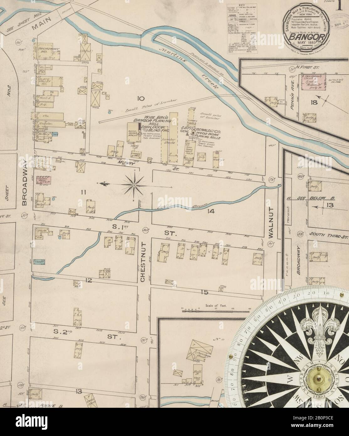 Bild 1 von Sanborn Fire Insurance Map aus Bangor, Northampton County, Pennsylvania. Mai 1885. 2 Blatt(e), Amerika, Straßenkarte mit einem Kompass Aus Dem 19. Jahrhundert Stockfoto