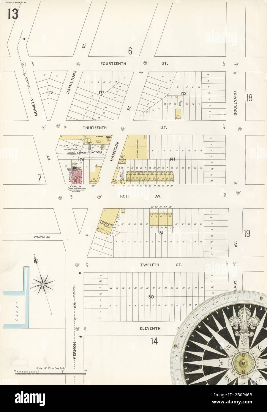 Bild 14 von Sanborn Fire Insurance Map aus Queens, Queens County, New York. 1898-1903: Bd. 1, 1898. 98 Blatt(e). Bound, Amerika, Straßenkarte mit einem Kompass Aus Dem 19. Jahrhundert Stockfoto