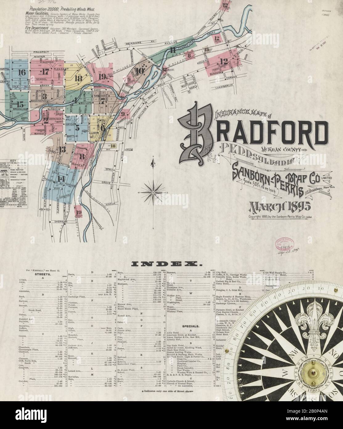 Bild 1 von Sanborn Fire Insurance Map aus Bradford, McKean County, Pennsylvania. März 1895. 19 Blatt(e), Amerika, Straßenkarte mit einem Kompass Aus Dem 19. Jahrhundert Stockfoto