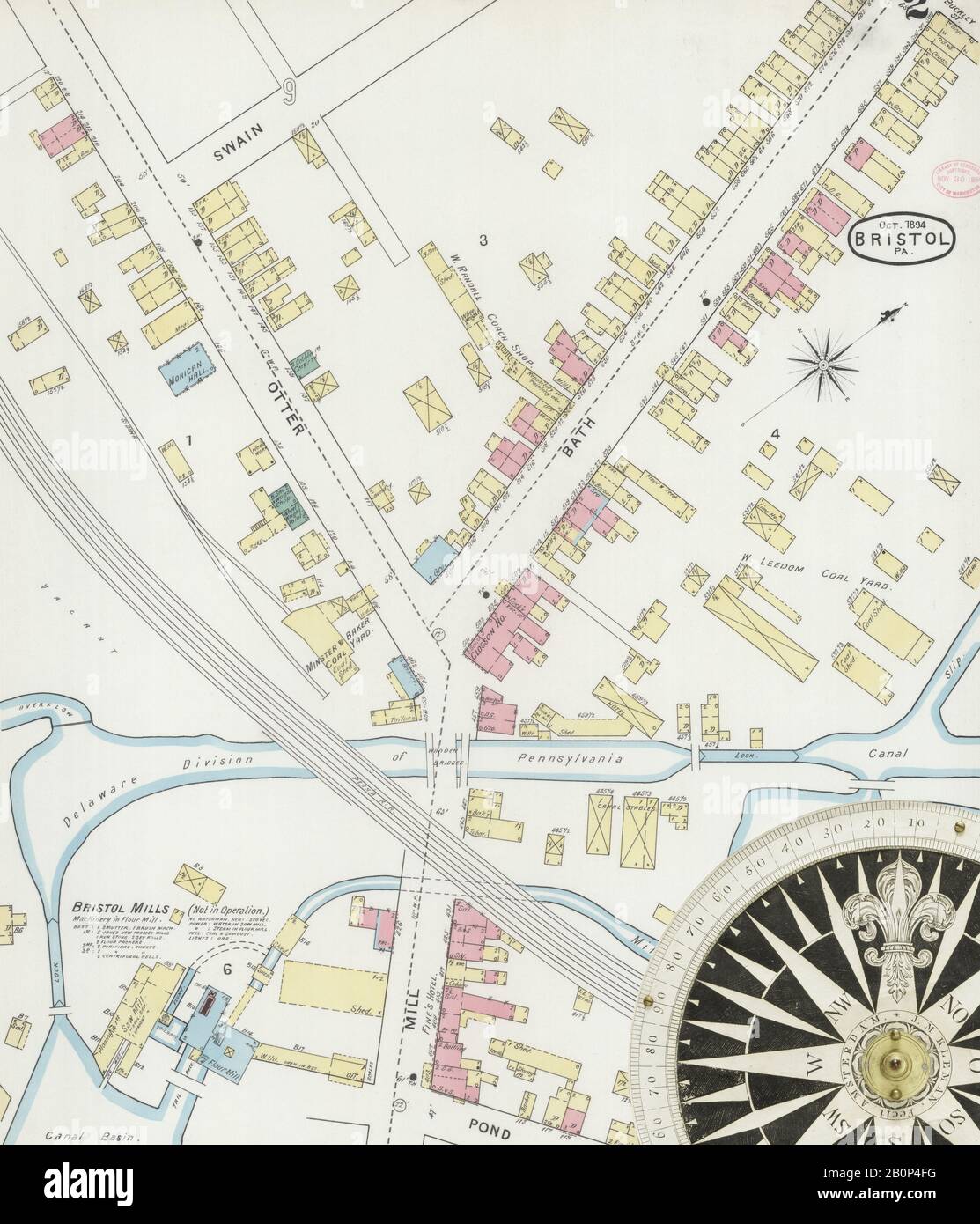 Bild 2 von Sanborn Fire Insurance Map aus Bristol, Bucks County, Pennsylvania. Okt 1894. 12 Blatt(e), Amerika, Straßenkarte mit einem Kompass Aus Dem 19. Jahrhundert Stockfoto