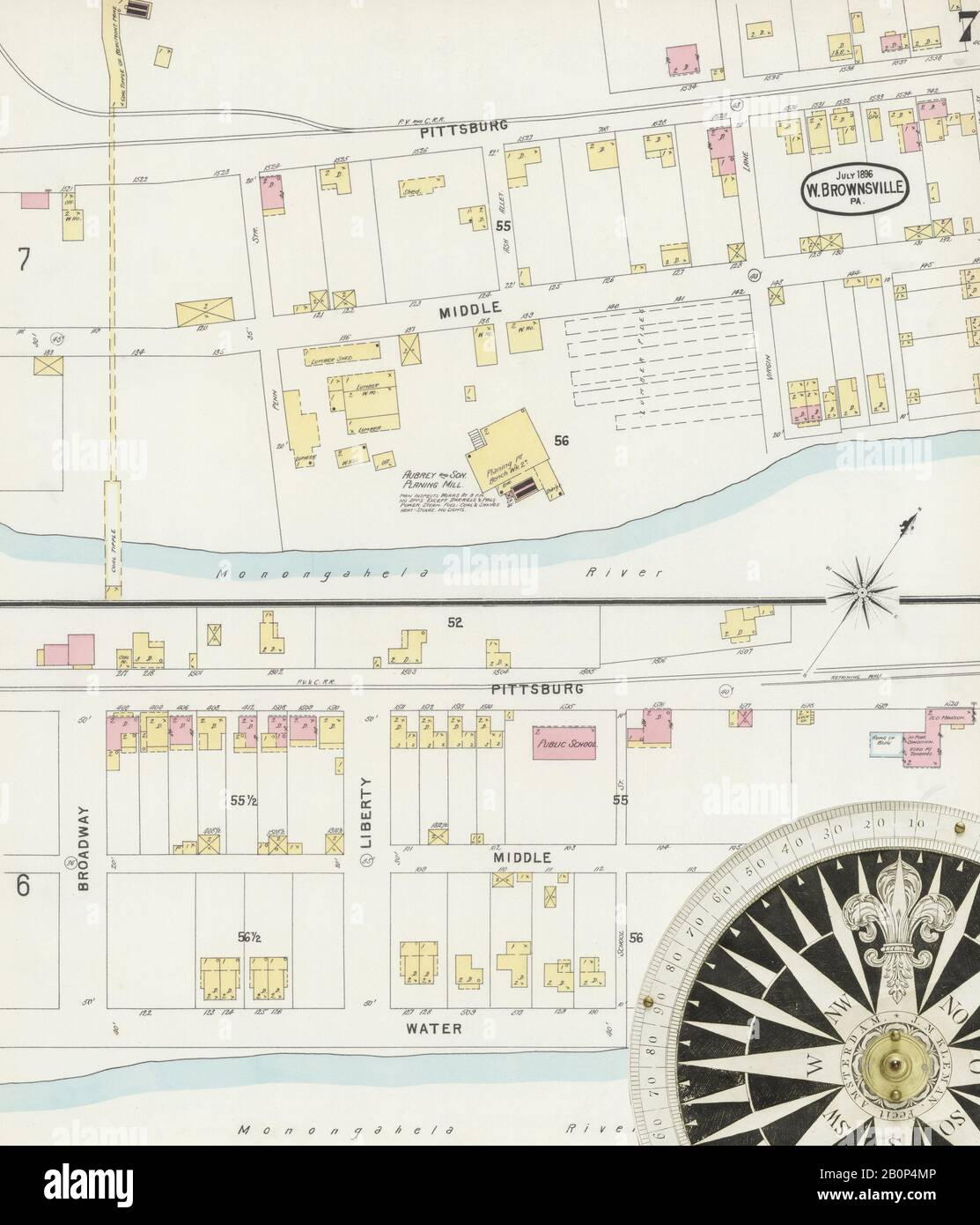 Bild 7 von Sanborn Fire Insurance Map aus Brownsville, Fayette County, Pennsylvania. Juli 1896. 8 Blatt(e). Umfasst Bridgeport, West Brownsville, Amerika, Straßenkarte mit einem Kompass Aus Dem 19. Jahrhundert Stockfoto