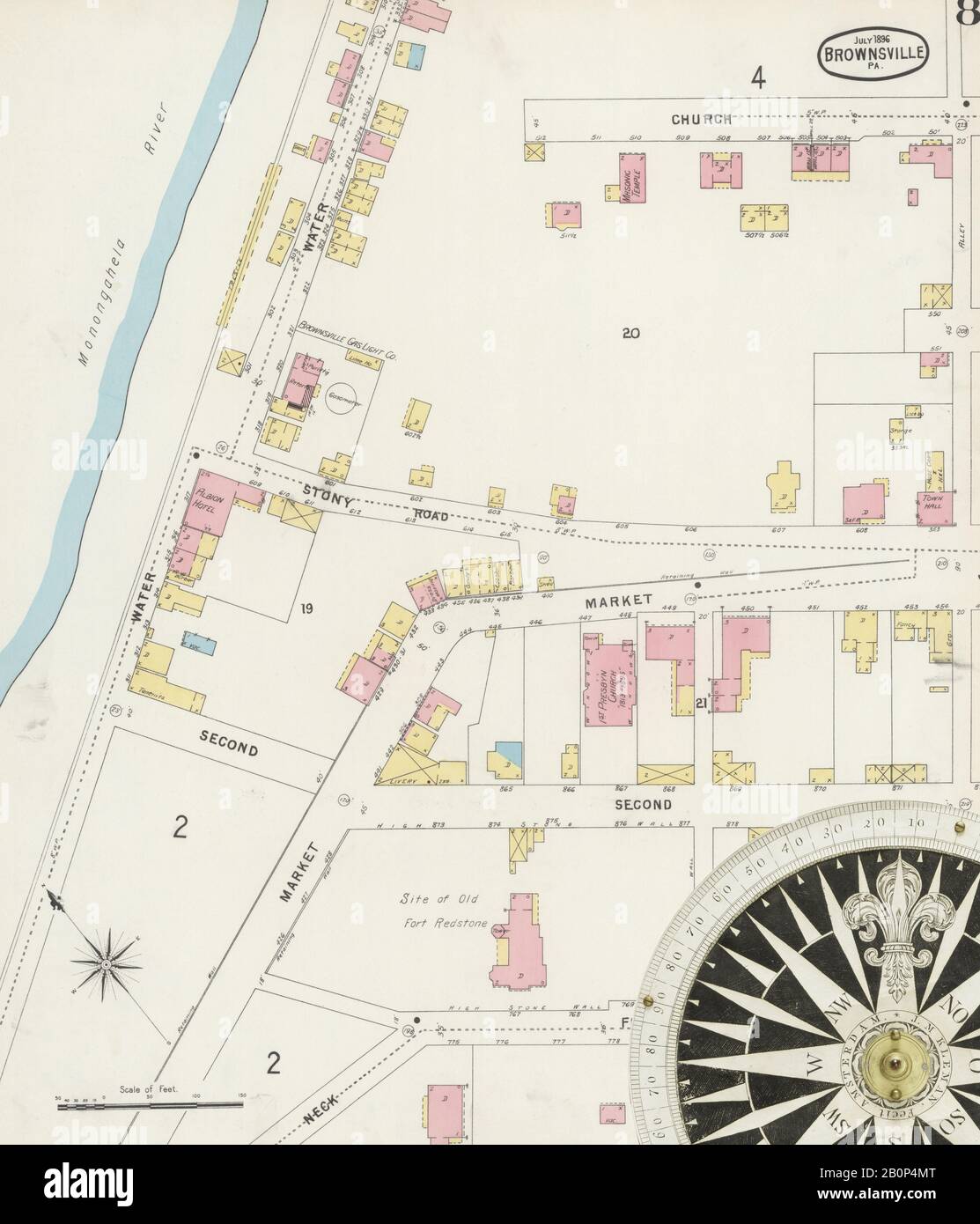 Bild 8 von Sanborn Fire Insurance Map aus Brownsville, Fayette County, Pennsylvania. Juli 1896. 8 Blatt(e). Umfasst Bridgeport, West Brownsville, Amerika, Straßenkarte mit einem Kompass Aus Dem 19. Jahrhundert Stockfoto