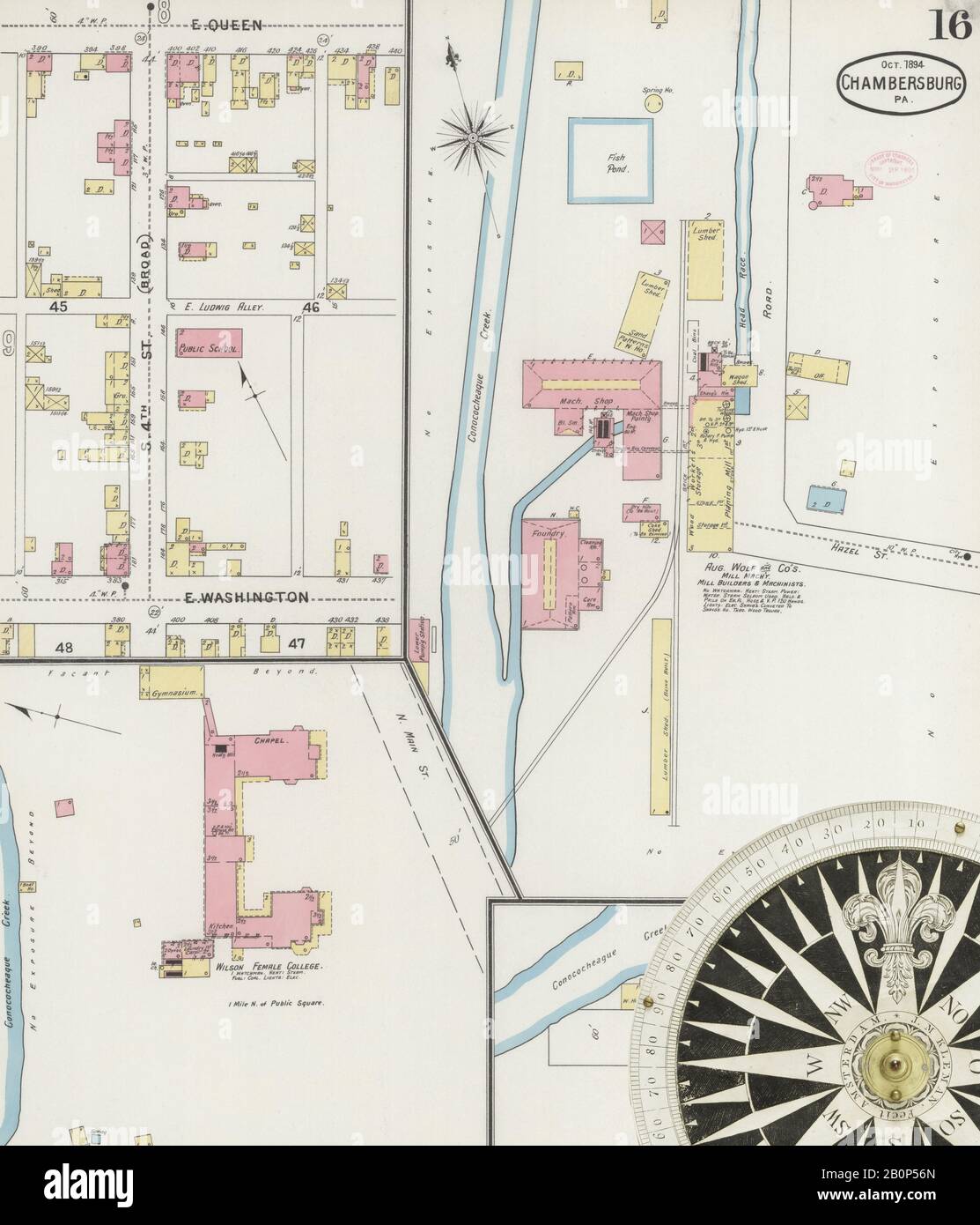 Bild 16 von Sanborn Fire Insurance Map aus Chambersburg, Franklin County, Pennsylvania. Okt 1894. 17 Blatt(e), Amerika, Straßenkarte mit einem Kompass Aus Dem 19. Jahrhundert Stockfoto