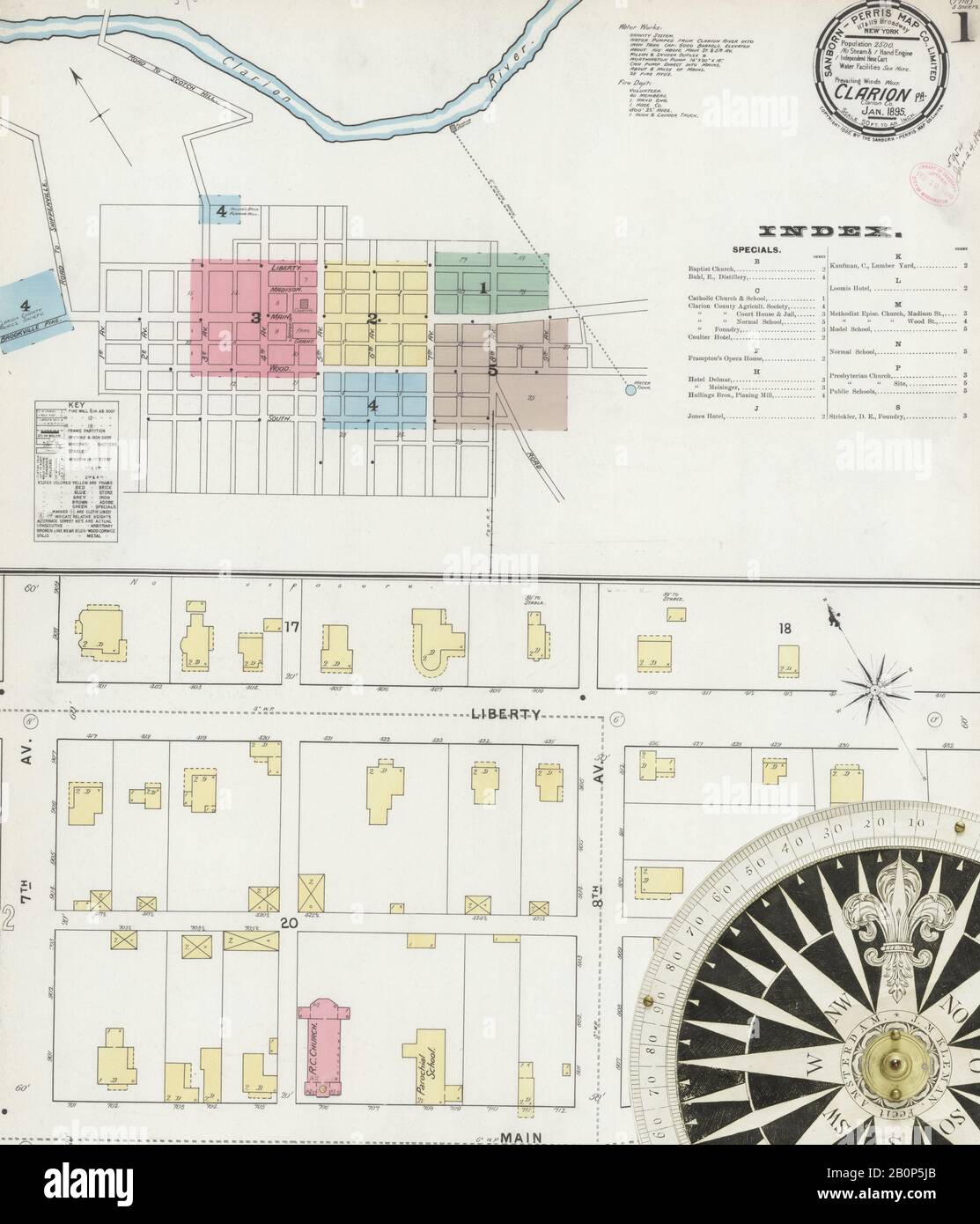 Bild 1 von Sanborn Fire Insurance Map aus Clarion, Clarion County, Pennsylvania. Januar 1895. 5 Blatt(e), Amerika, Straßenkarte mit einem Kompass Aus Dem 19. Jahrhundert Stockfoto