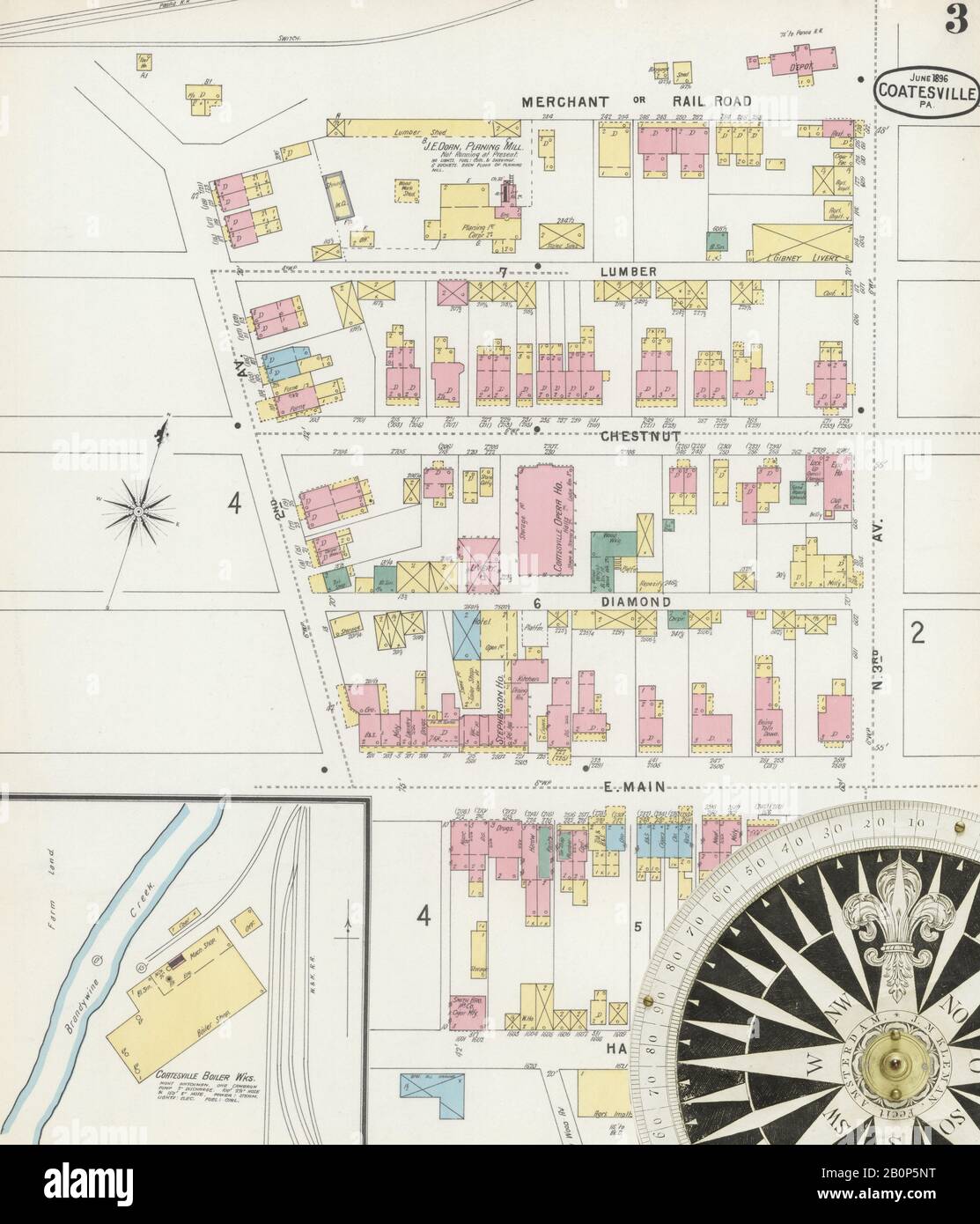Bild 3 von Sanborn Fire Insurance Map aus Coatesville, Chester County, Pennsylvania. Juni 1896. 6 Blatt(e), Amerika, Straßenkarte mit einem Kompass Aus Dem 19. Jahrhundert Stockfoto