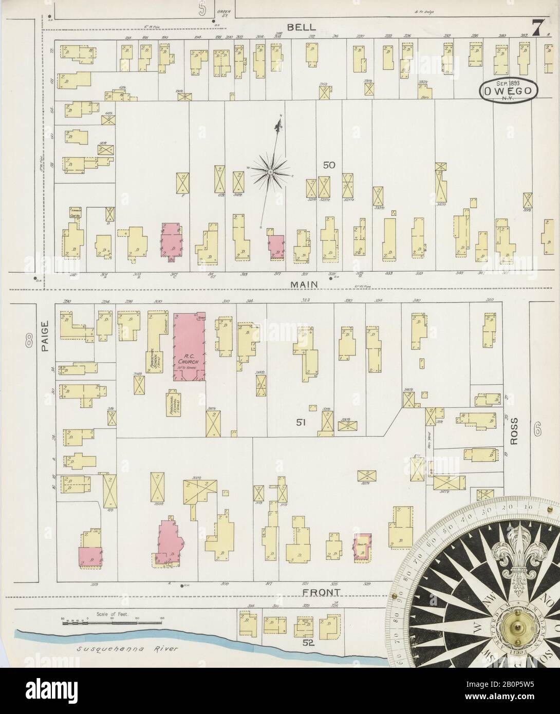 Bild 7 von Sanborn Fire Insurance Map aus Owego, Tioga County, New York. Sep 1893. 11 Blatt(e), Amerika, Straßenkarte mit einem Kompass Aus Dem 19. Jahrhundert Stockfoto