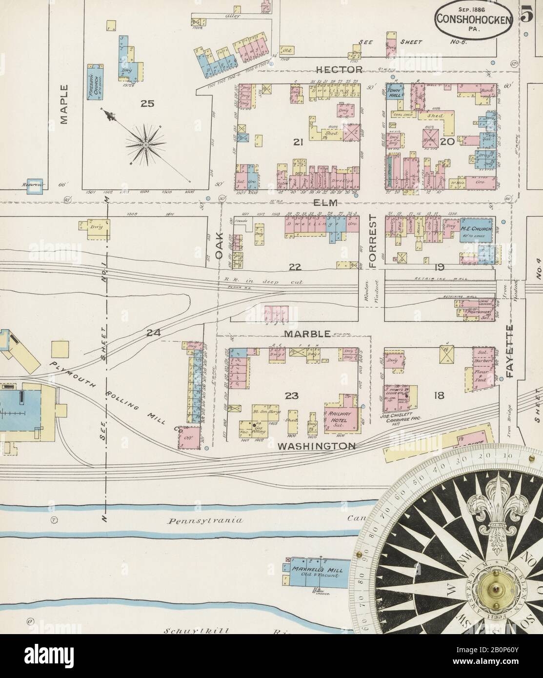 Bild 5 von Sanborn Fire Insurance Map aus Conshohocken, Montogomery County, Pennsylvania. Sep. 7 Blatt(e). Umfasst West Conshohocken, Amerika, Straßenkarte mit einem Kompass Aus Dem 19. Jahrhundert Stockfoto