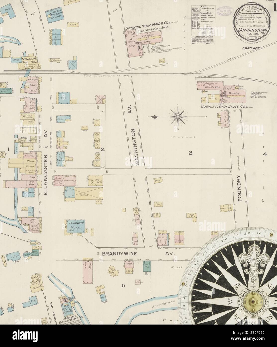 Bild 1 von Sanborn Fire Insurance Map aus Downingtown, Chester County, Pennsylvania. Nov. 2 Blatt(e), Amerika, Straßenkarte mit einem Kompass Aus Dem 19. Jahrhundert Stockfoto